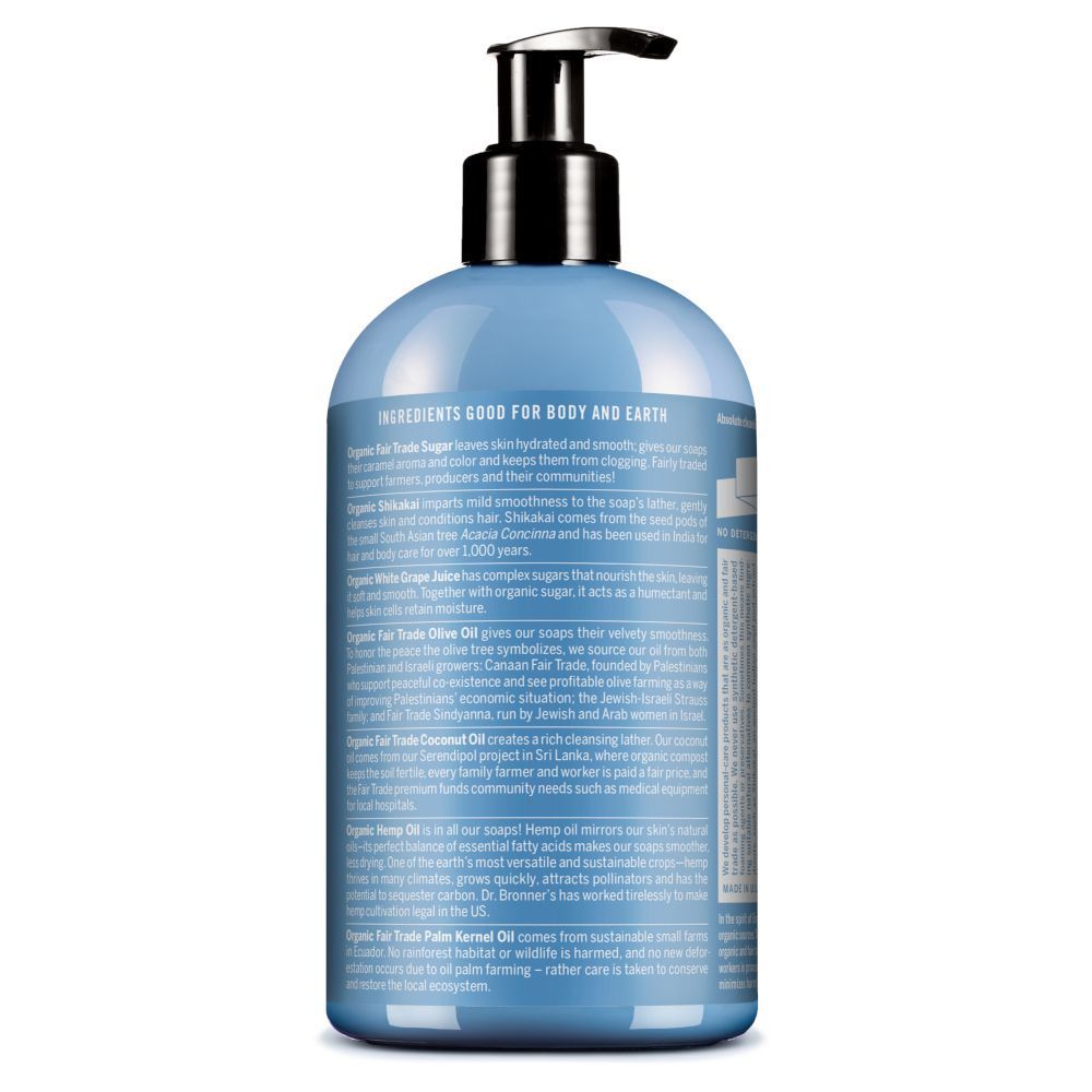Retro di un flacone di sapone biologico allo zucchero Dr. Bronner's Baby-Mild con elenco dettagliato degli ingredienti.