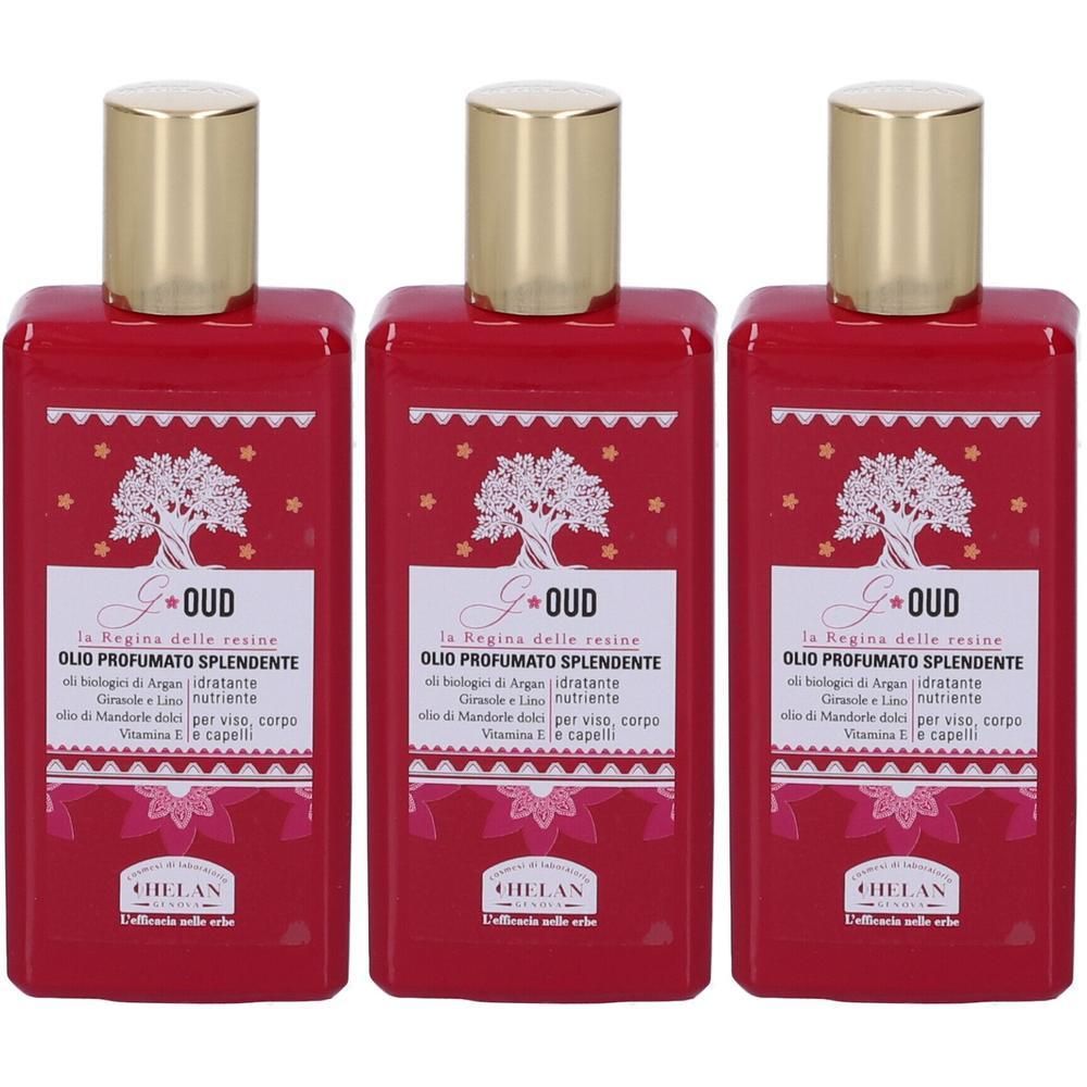 Tre flaconi rossi con tappi dorati contenenti Helan G Oud Olio Profumato Splendente.