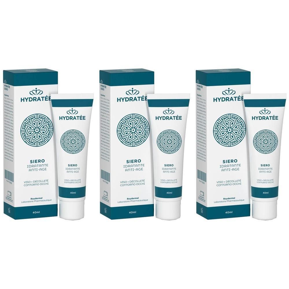 Tre tubi e scatole di siero anti-età Hydratée, 30 ml.