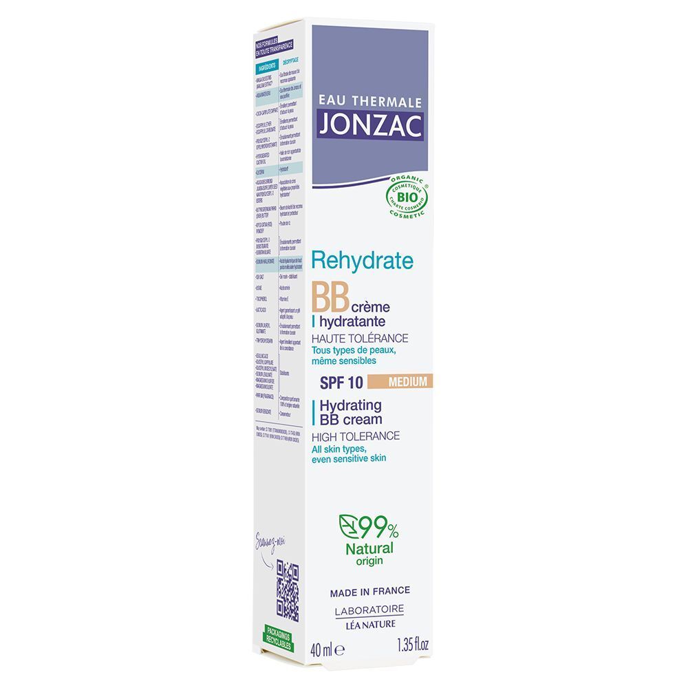 Confezione di BB cream Eau Thermale Jonzac, colorazione media, SPF 10, 40ml, 99% ingredienti naturali.