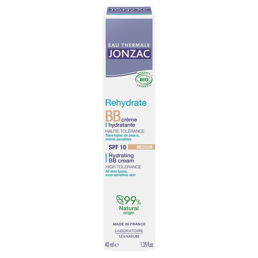 Confezione di BB cream Eau Thermale Jonzac, colorazione media, SPF 10, 40ml, 99% ingredienti naturali.