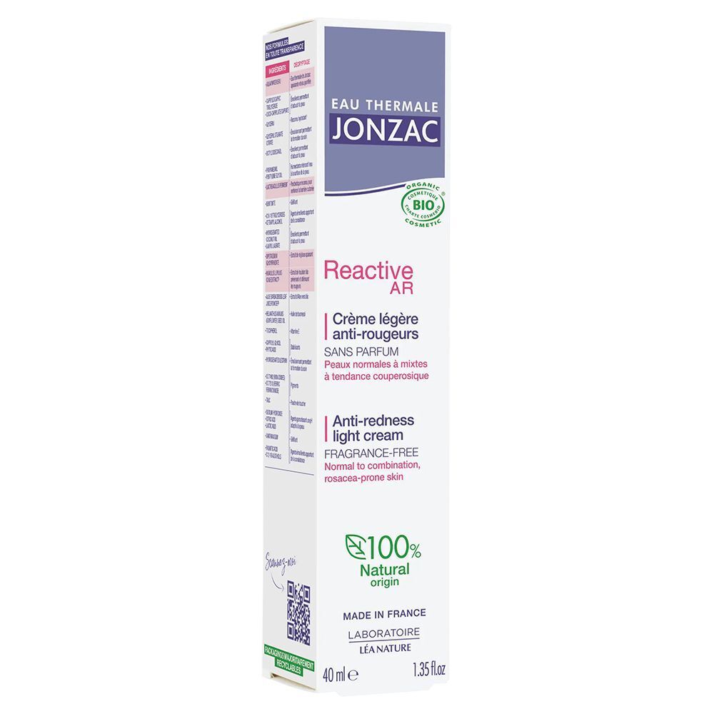 Confezione di crema leggera anti-rossore Eau Thermale Jonzac Reactive AR, 40ml. 100% origine naturale.