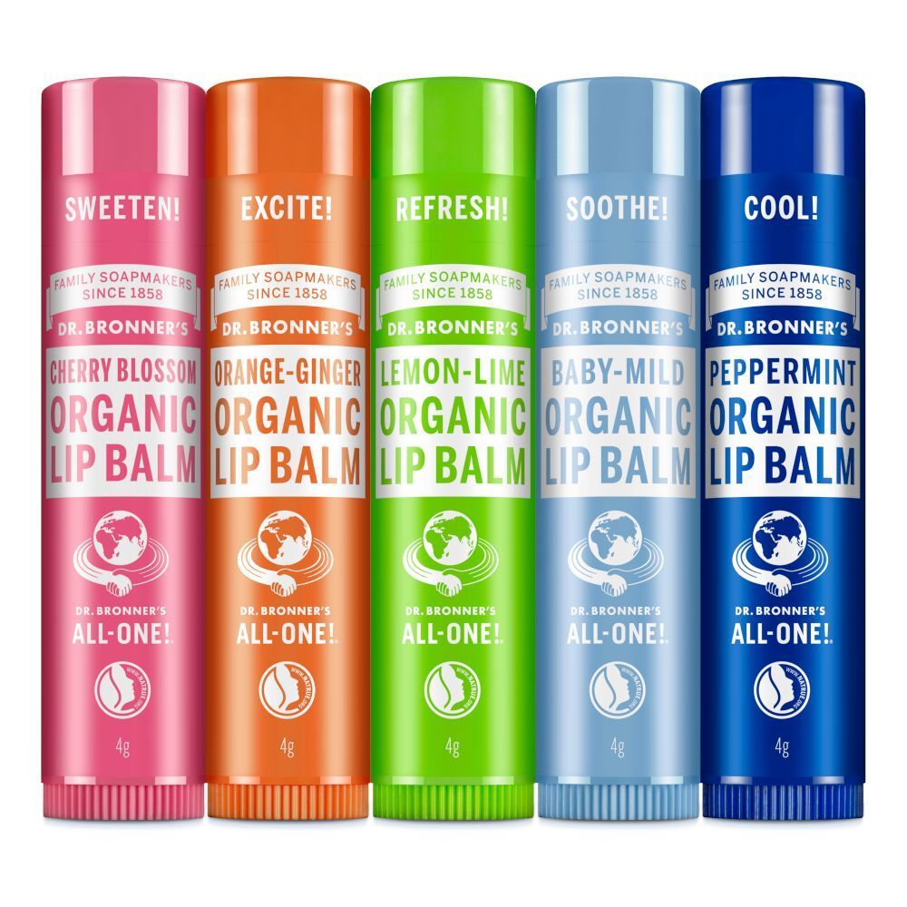 Cinque balsami labbra bio Dr. Bronner's in gusti diversi, 4g ciascuno.