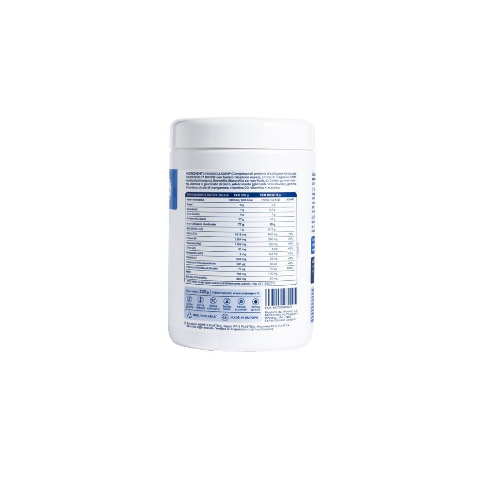 Retro di un barattolo di polvere Colpropur Osteoarticolare Phoscollagen con tabella nutrizionale e ingredienti.