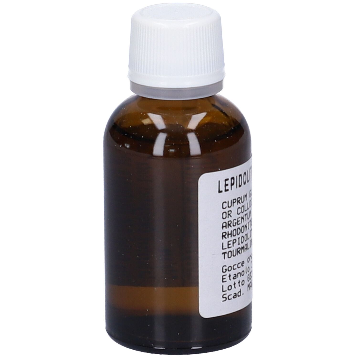 Flacone di vetro marrone con tappo bianco. Nessuna etichetta visibile. Flacone di gocce.