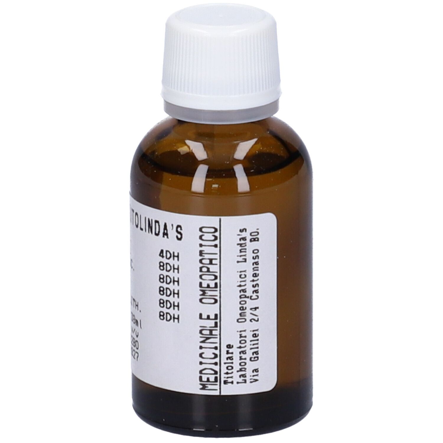 Flacone di vetro marrone con tappo bianco. Etichetta con nome del prodotto e ingredienti. Gocce, 30ml.
