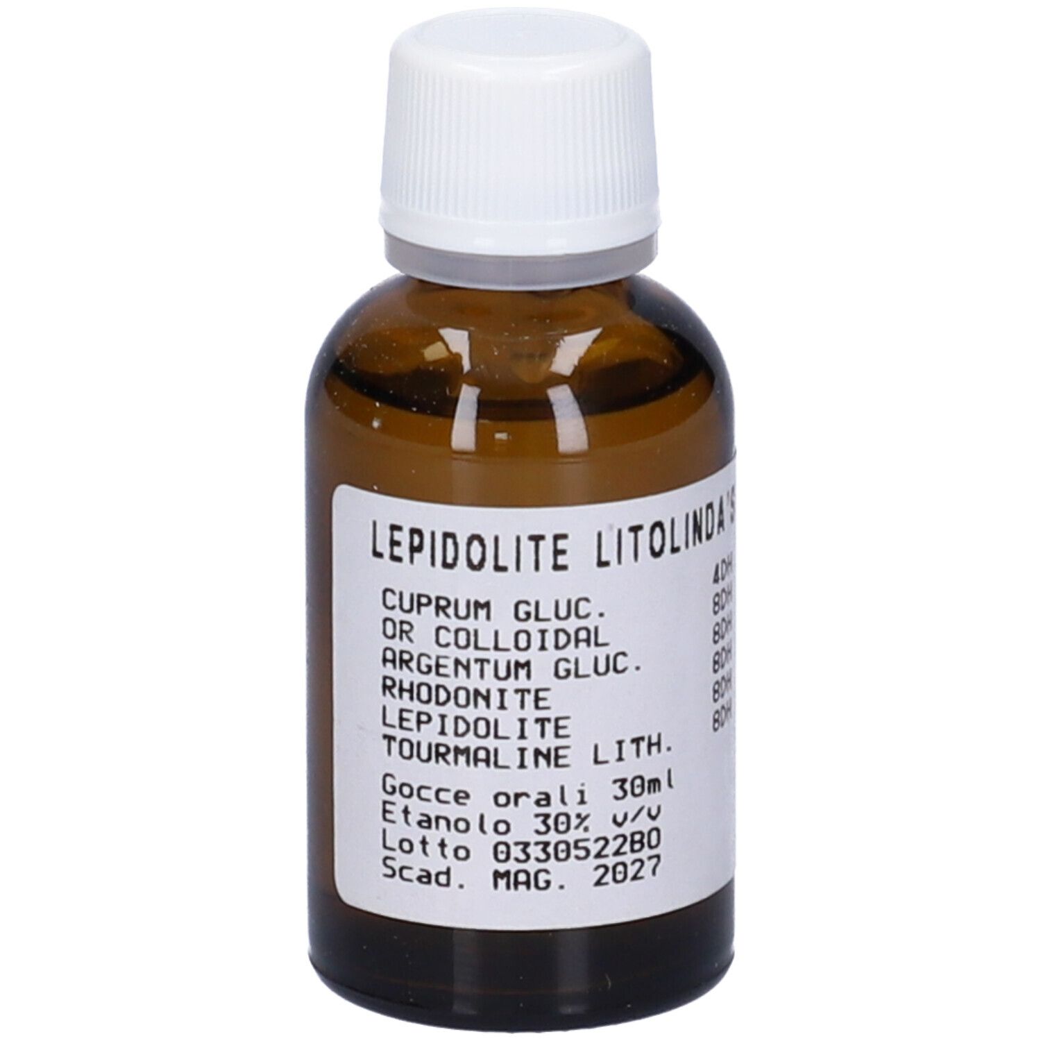 Flacone di vetro marrone con tappo bianco. Etichetta con nome del prodotto e ingredienti. Gocce, 30ml.