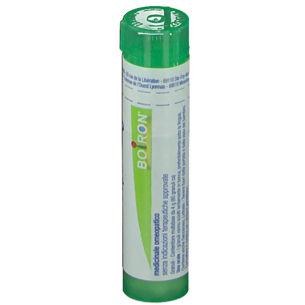 Contenitore cilindrico verde con etichetta bianca. Scritta: BOIRON. Testo in italiano.