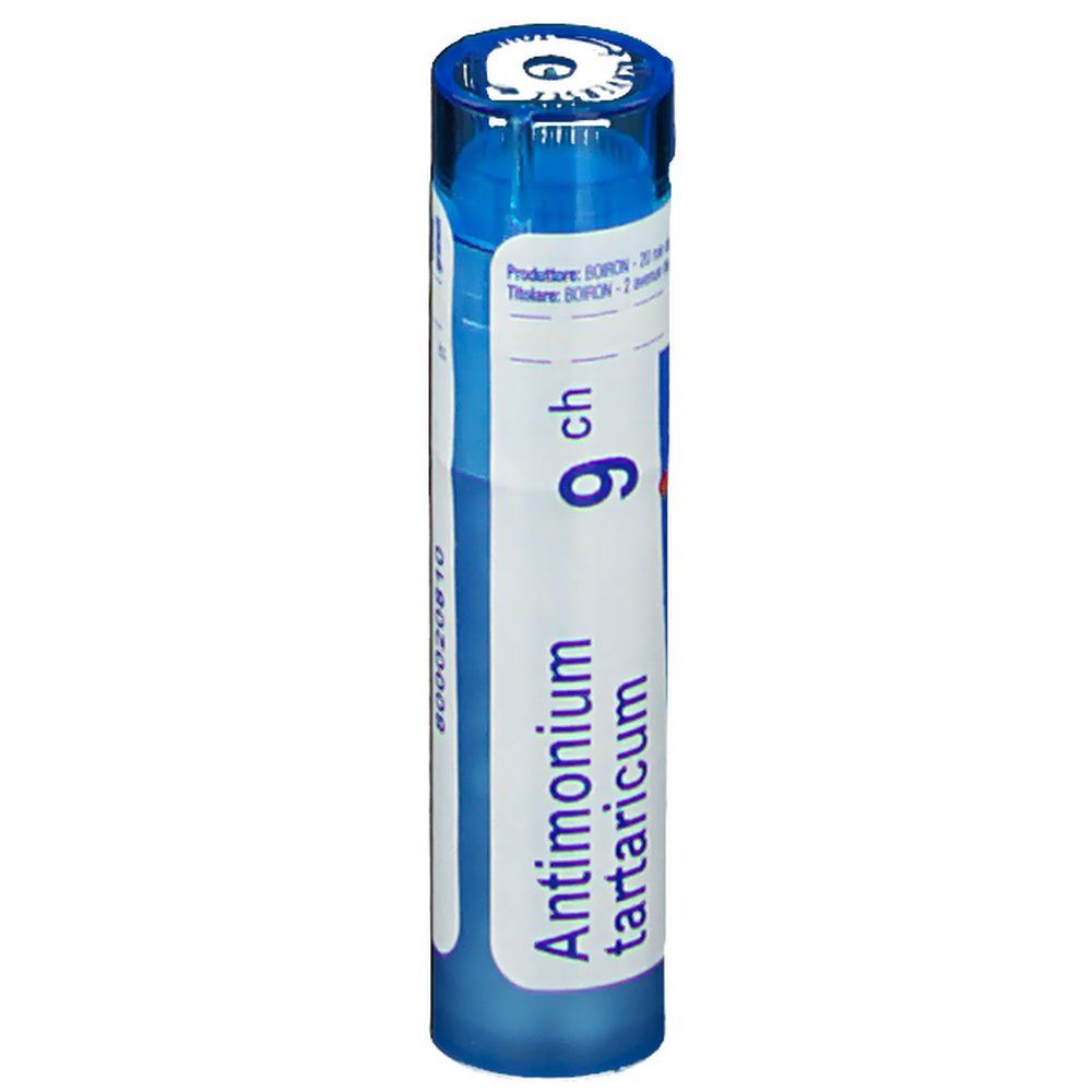 Confezione cilindrica blu e bianca. Scritta: Boiron, Tartaricum, 9Ch. Informazioni visibili: uso medico.