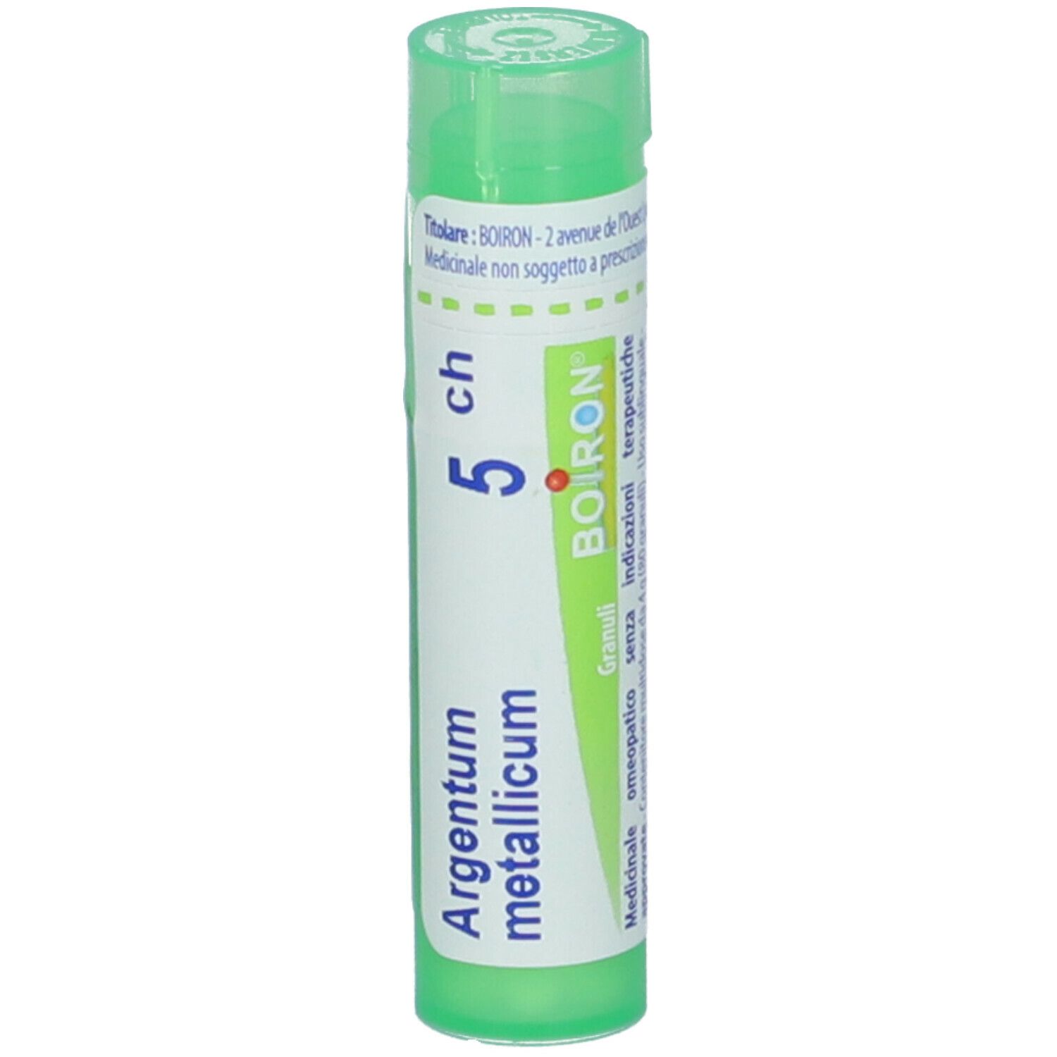 Tubo verde con etichetta bianca. Scritta: Argentum metallicum 5 ch, BOIRON. Vista verticale.