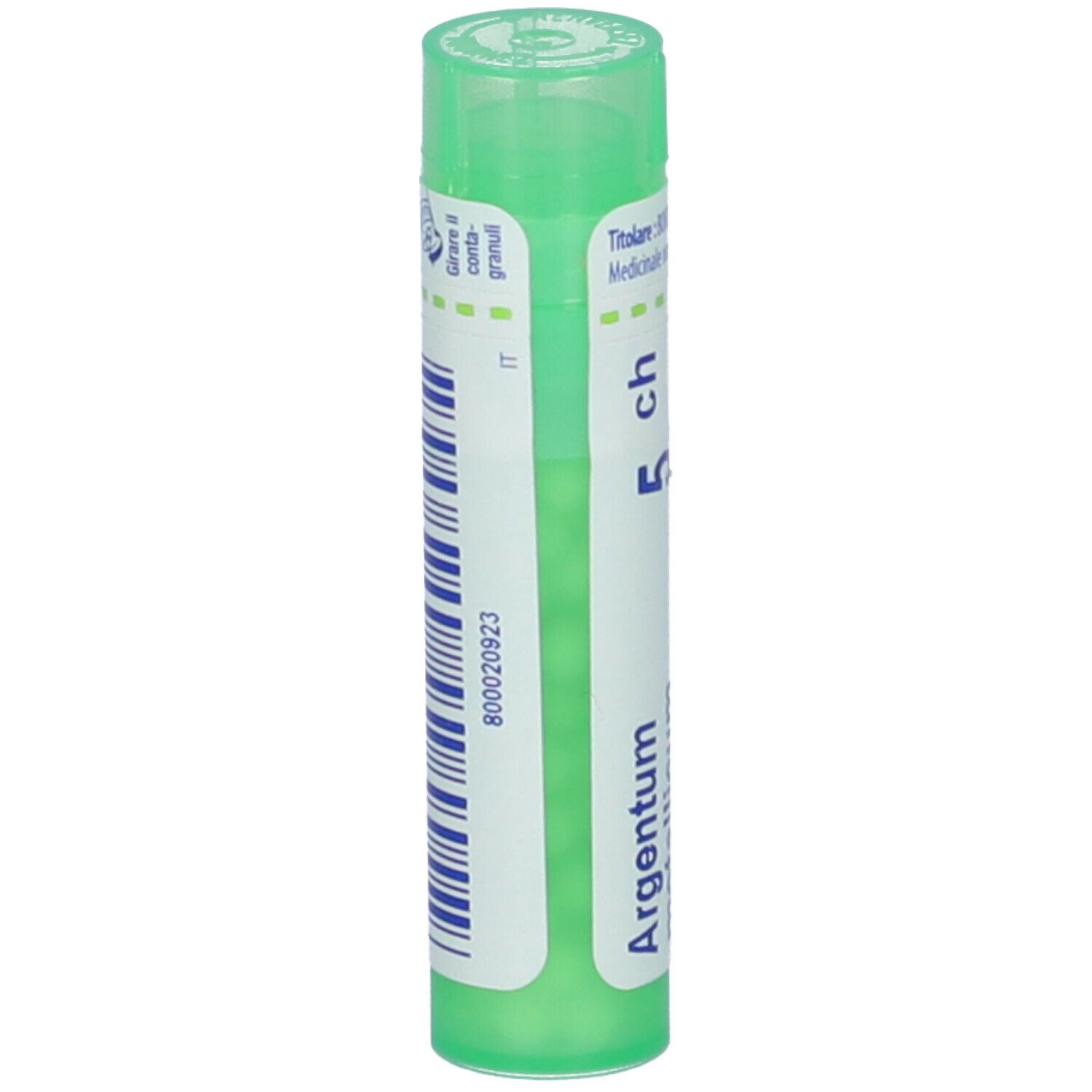 Tubo verde con etichetta bianca. Scritta: Argentum metallicum 5 ch. Codice a barre e informazioni.