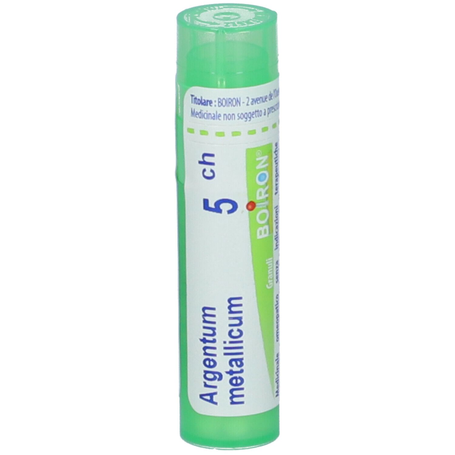 Tubo verde con etichetta bianca. Scritta: Argentum metallicum 5 ch, BOIRON. Vista dettagliata.