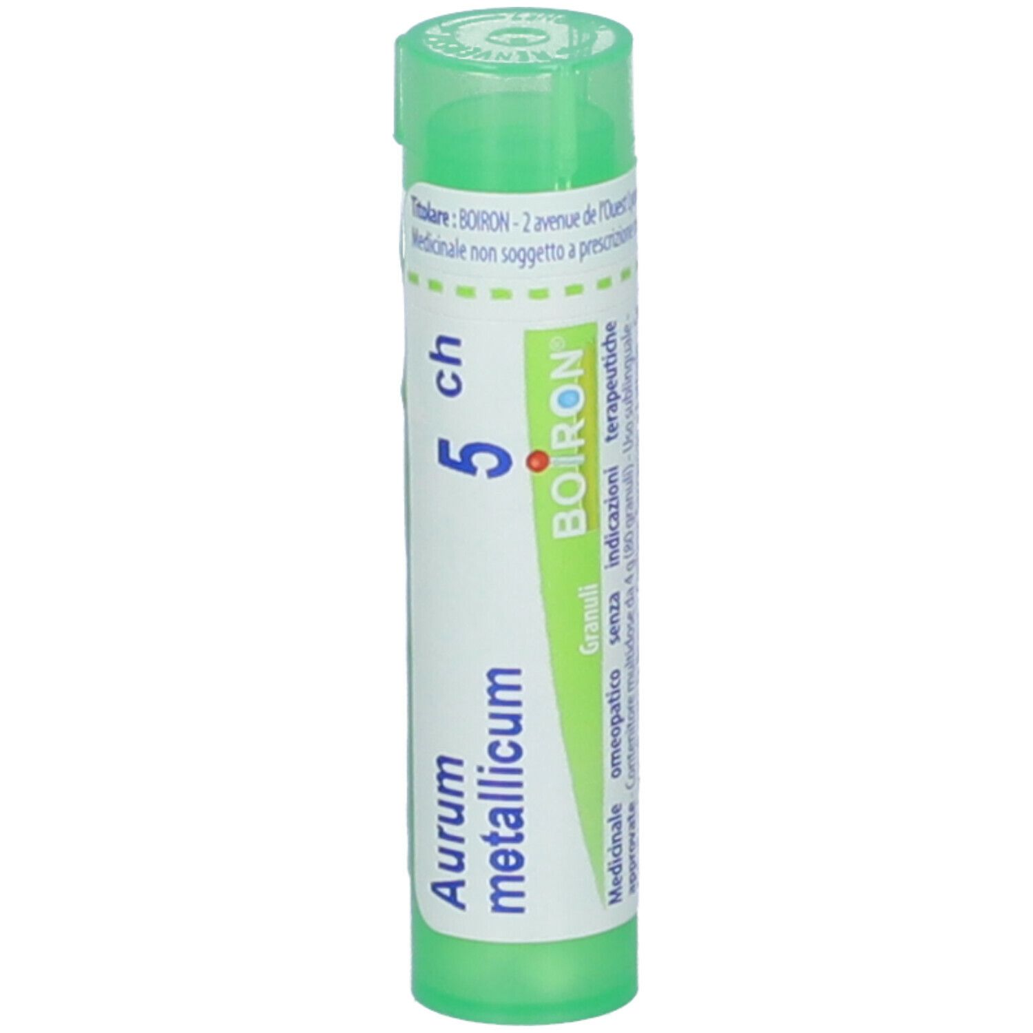 Confezione cilindrica verde. Scritta: Aurum metallicum 5 ch, BOIRON. Etichetta con informazioni prodotto.