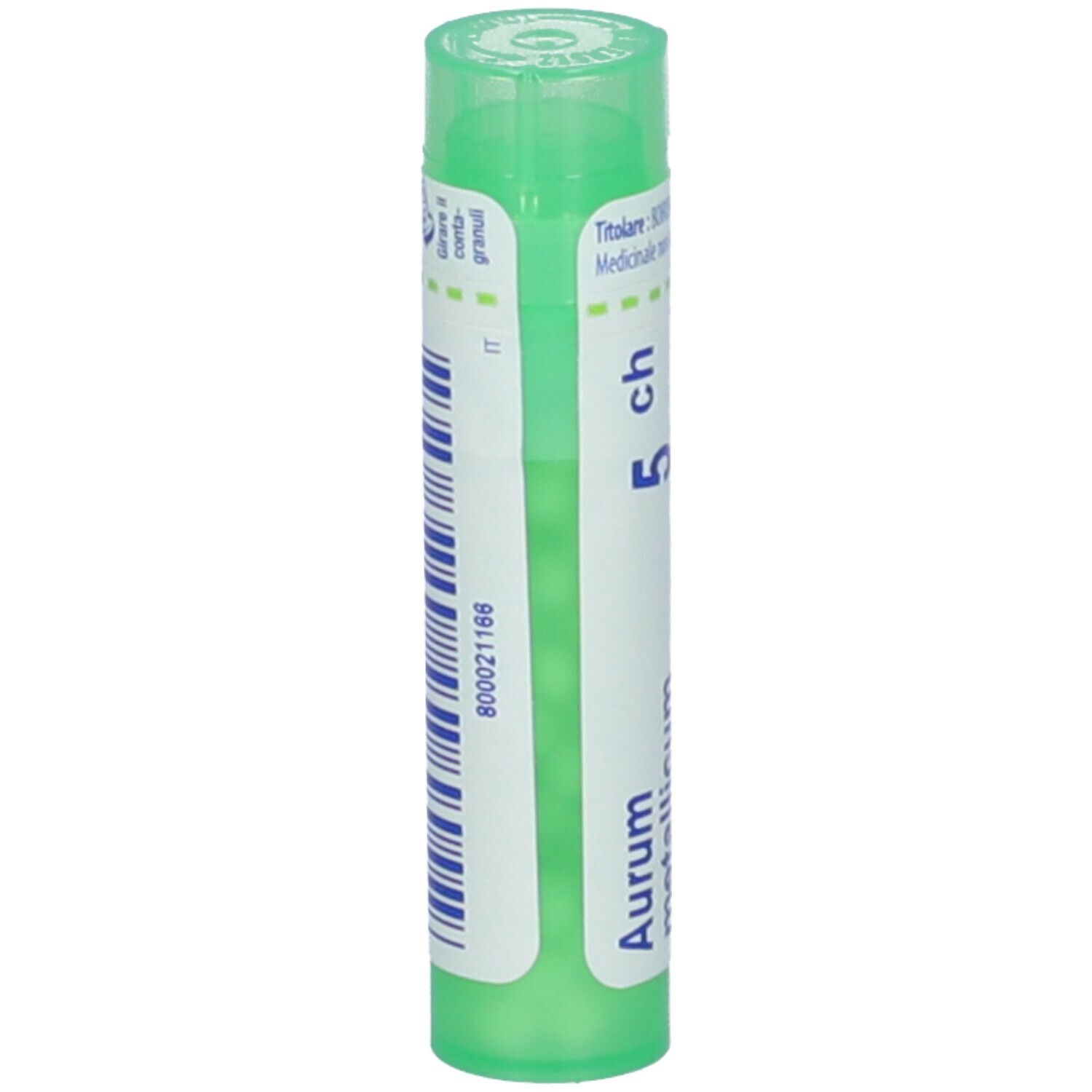 Confezione cilindrica verde. Scritta: Aurum metallicum 5 ch. Etichetta con informazioni e codice a barre.