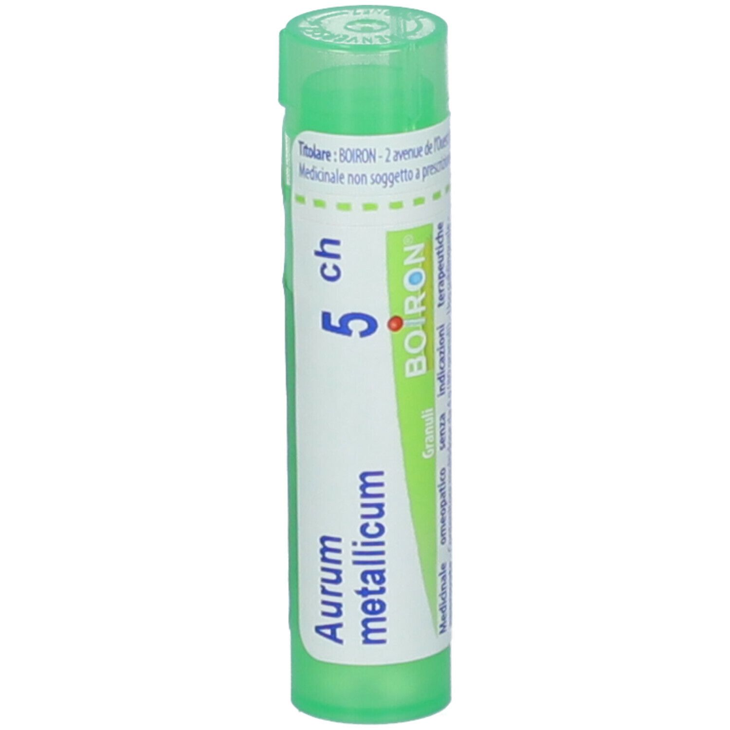 Confezione cilindrica verde. Scritta: Aurum metallicum 5 ch, BOIRON. Etichetta con informazioni prodotto.