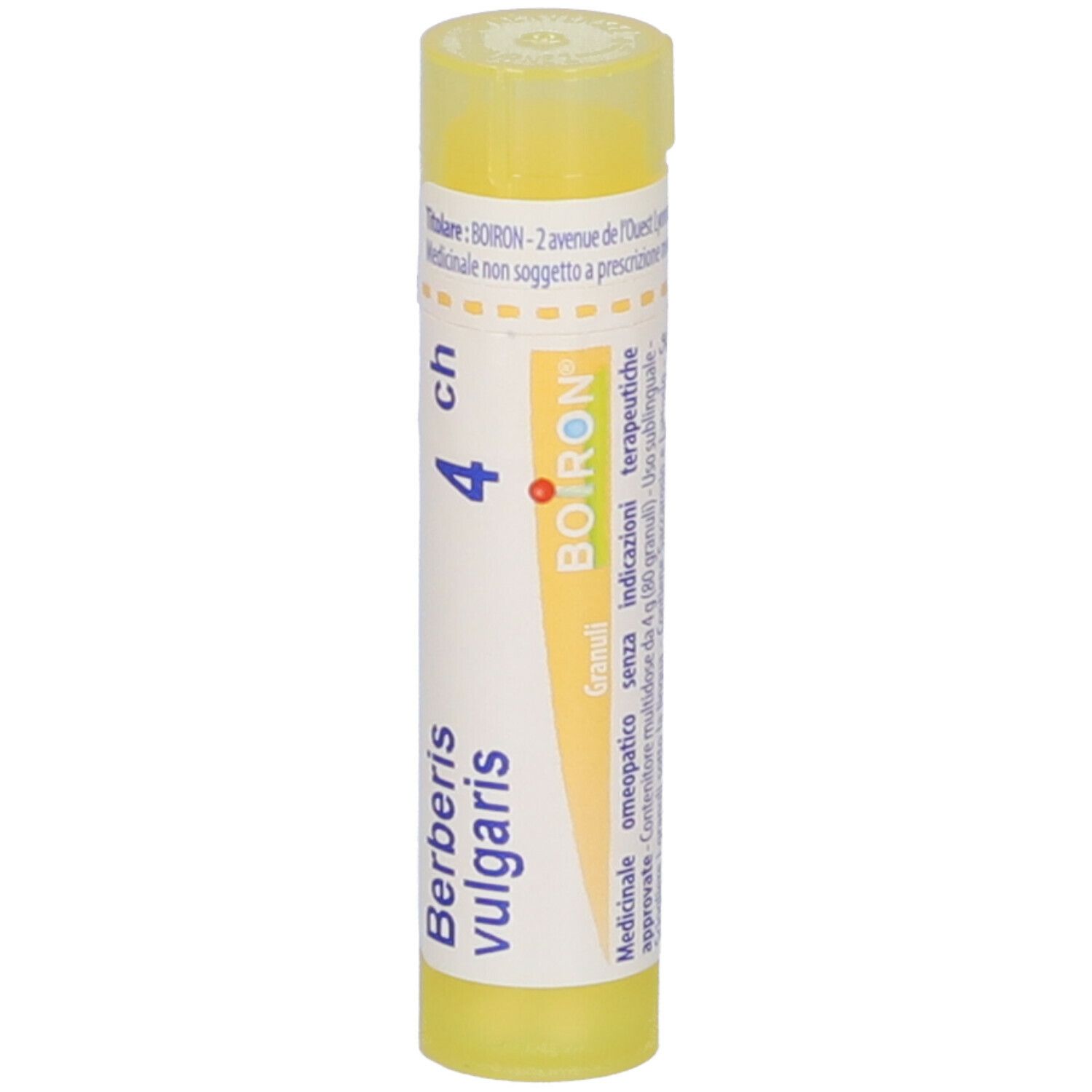 Tubo giallo con "Berberis vulgaris 4 ch" e logo Boiron. Granuli.
