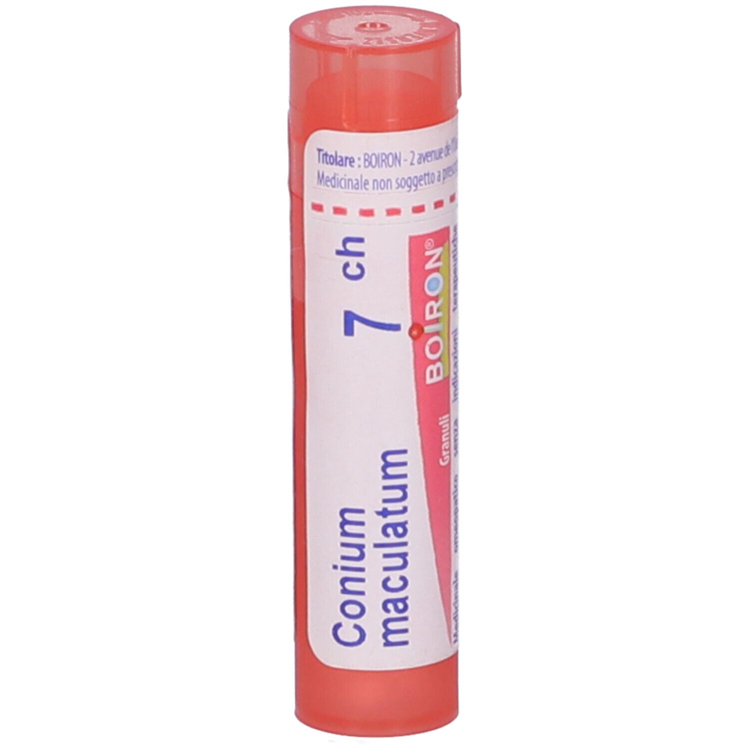 Confezione cilindrica arancione. Scritta: Conium maculatum 7 ch, BOIRON, Granuli. Tappo rosso.