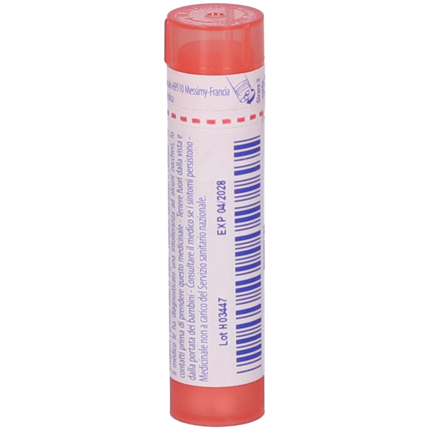 Confezione cilindrica arancione. Scritta: EXP 04/2028, Lot H03447. Tappo rosso.