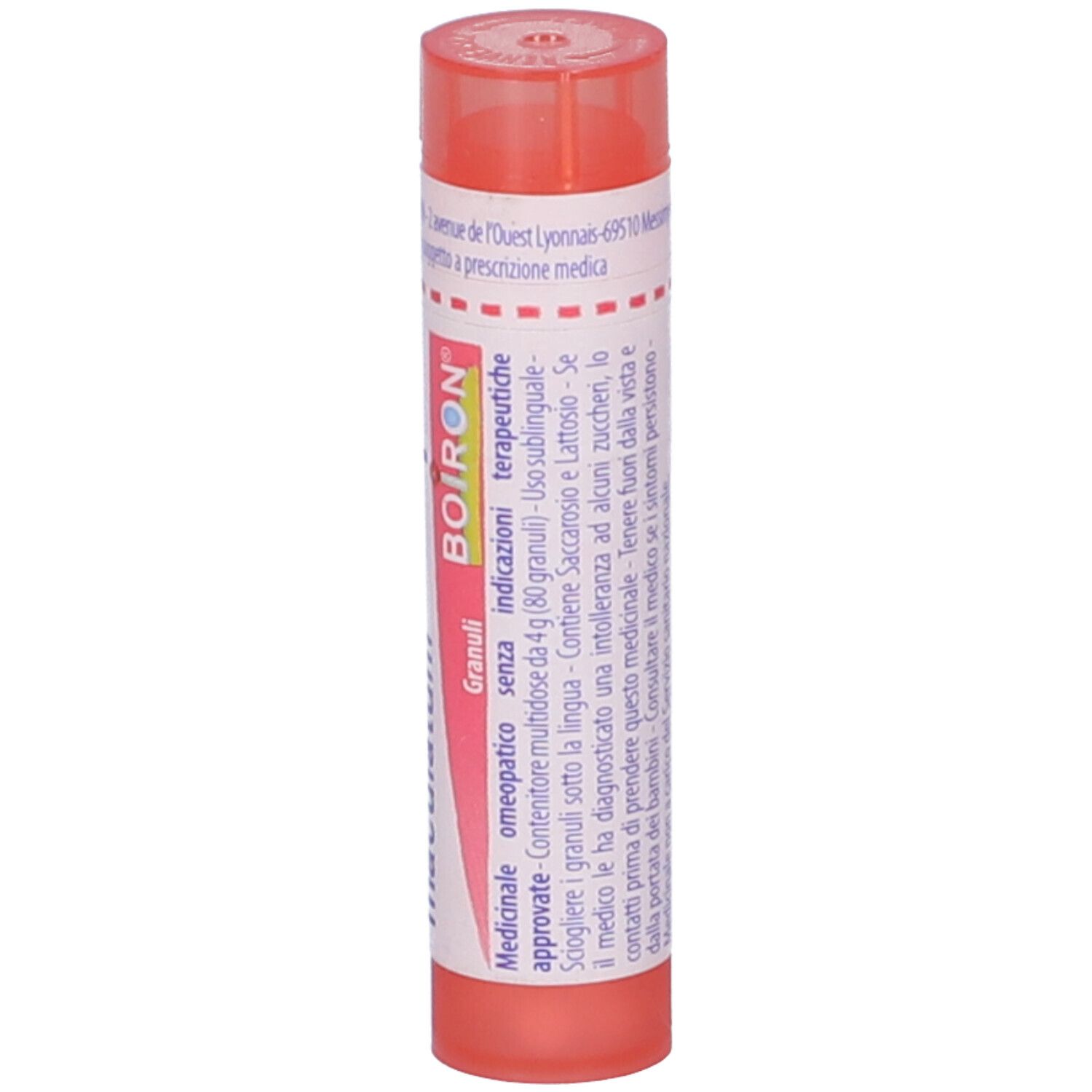 Confezione cilindrica arancione. Scritta: BOIRON, Granuli. Tappo rosso.