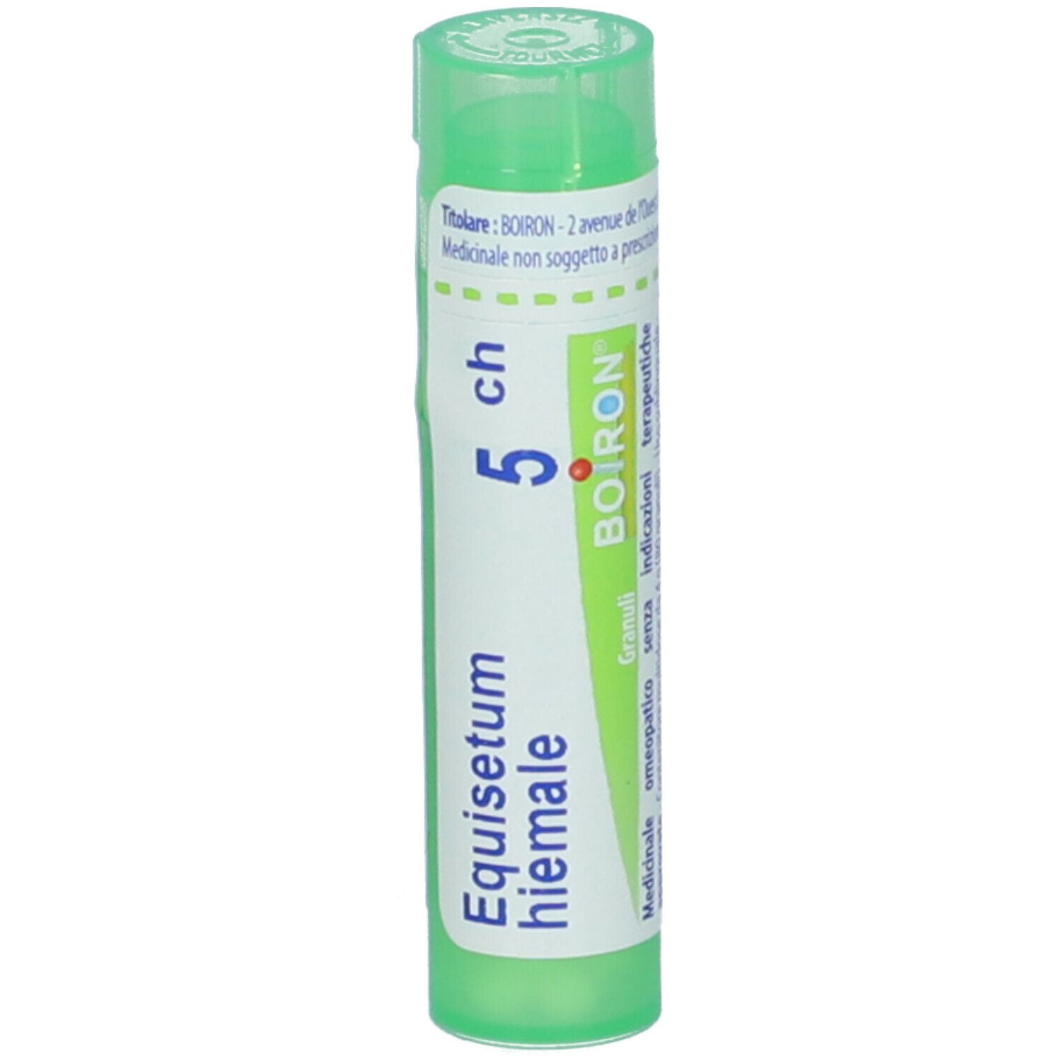Confezione cilindrica verde. Scritta: Equisetum hiemale 5 ch, BOIRON. Ulteriori informazioni.
