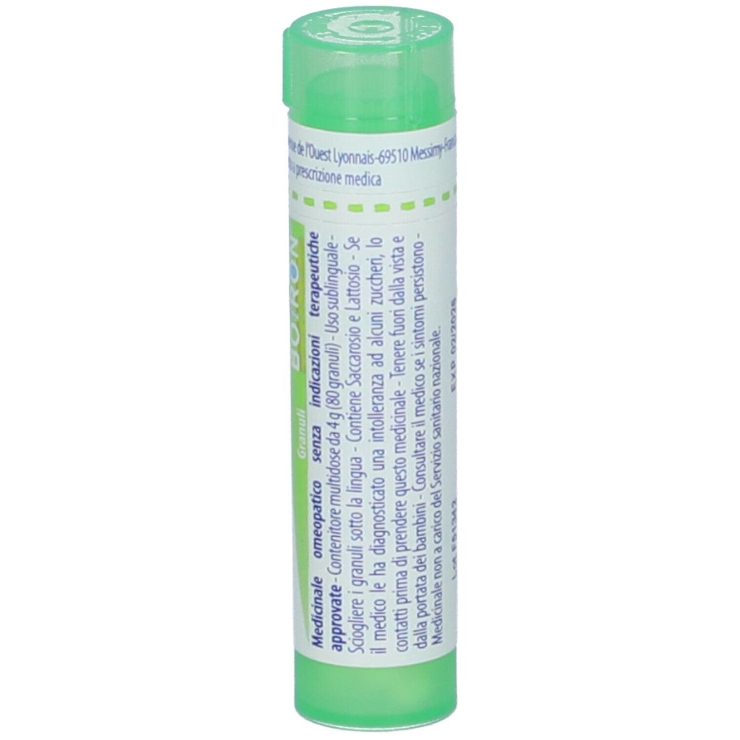 Confezione cilindrica verde. Scritta: Equisetum hiemale 5 ch, BOIRON. Ulteriori informazioni.