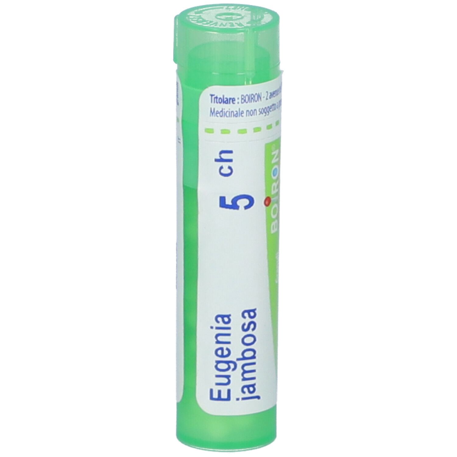 Confezione cilindrica Eugenia jambosa 5Ch. Tappo verde ed etichetta con nome prodotto e marchio Boiron.