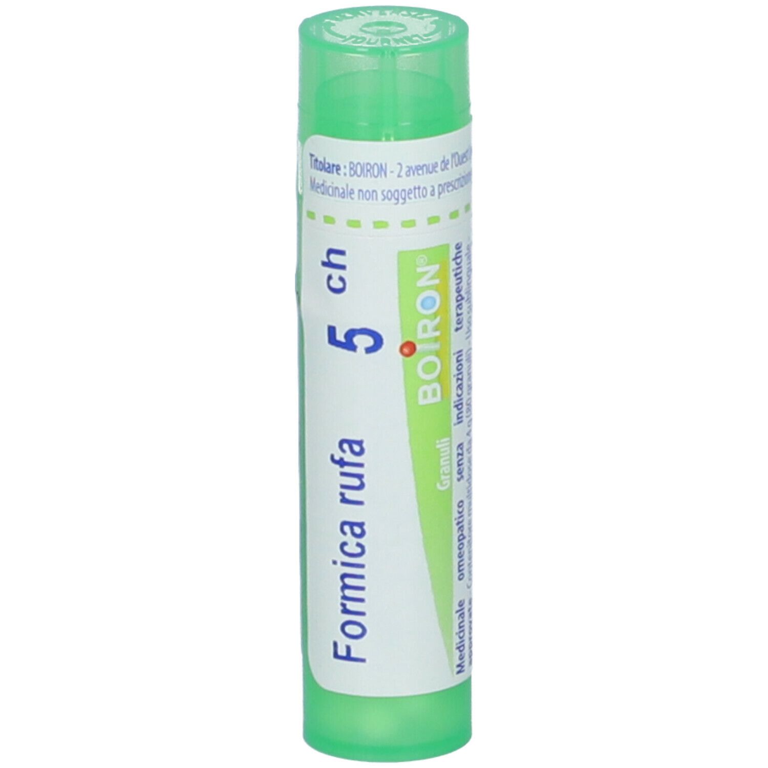 Tubo cilindrico verde con etichetta bianca. Scritta: Formica rufa 5 ch, BOIRON. Etichetta con informazioni.