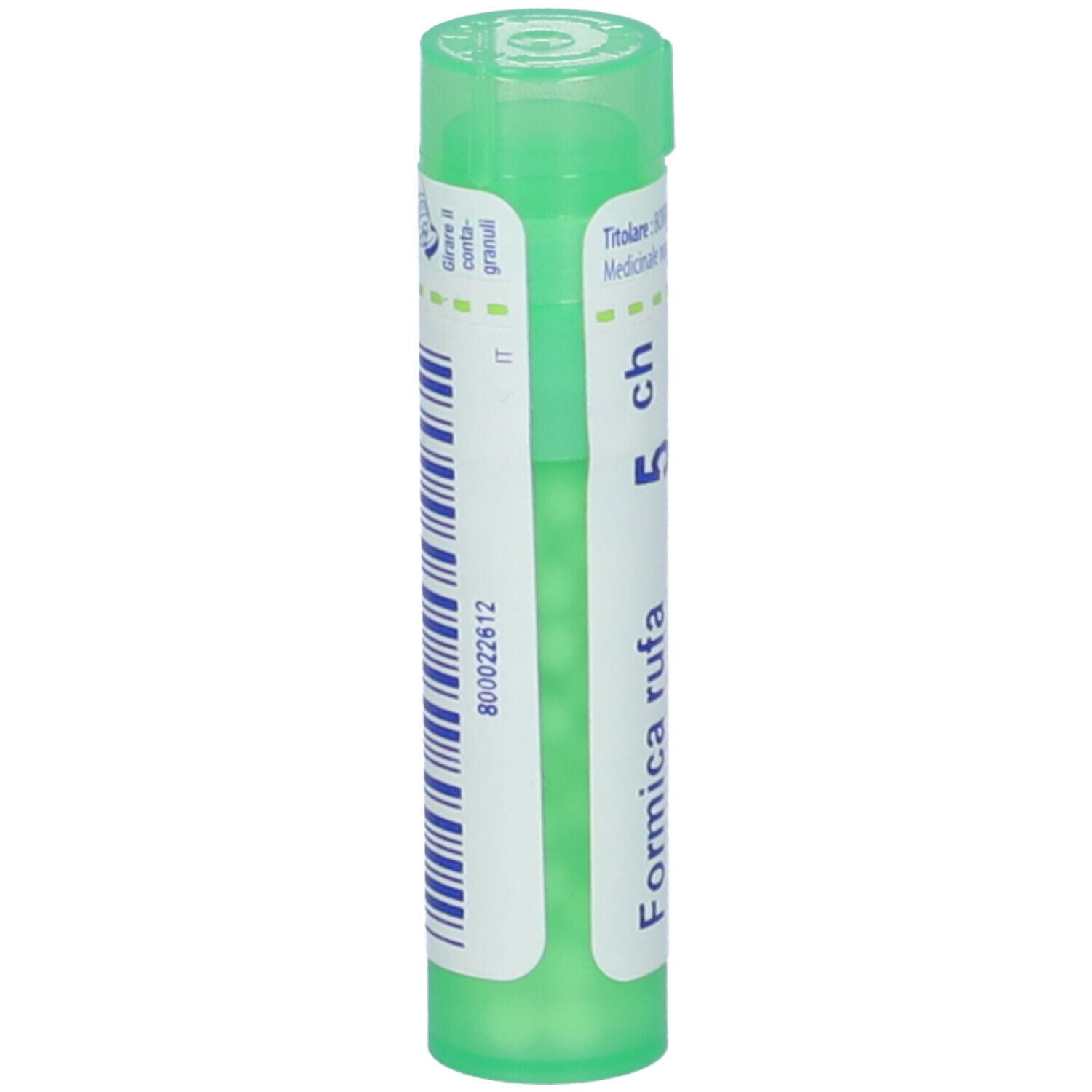 Tubo cilindrico verde con etichetta bianca. Scritta: Formica rufa 5 ch. Codice a barre e informazioni.