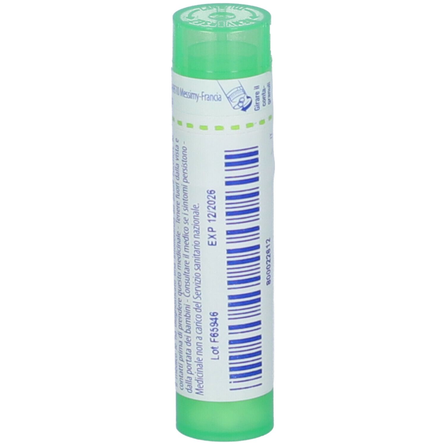 Tubo cilindrico verde con etichetta bianca. Scritta: Formica rufa 5 ch. Scadenza e numero di lotto.
