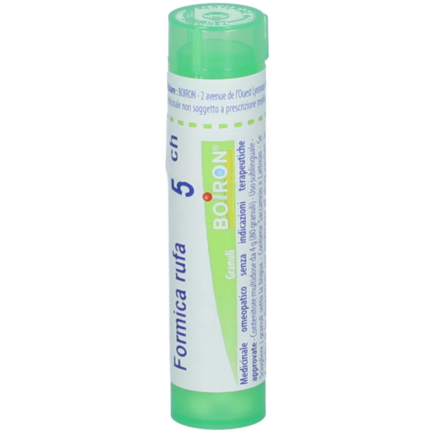 Tubo cilindrico verde con etichetta bianca. Scritta: Formica rufa 5 ch, BOIRON. Informazioni sul prodotto.