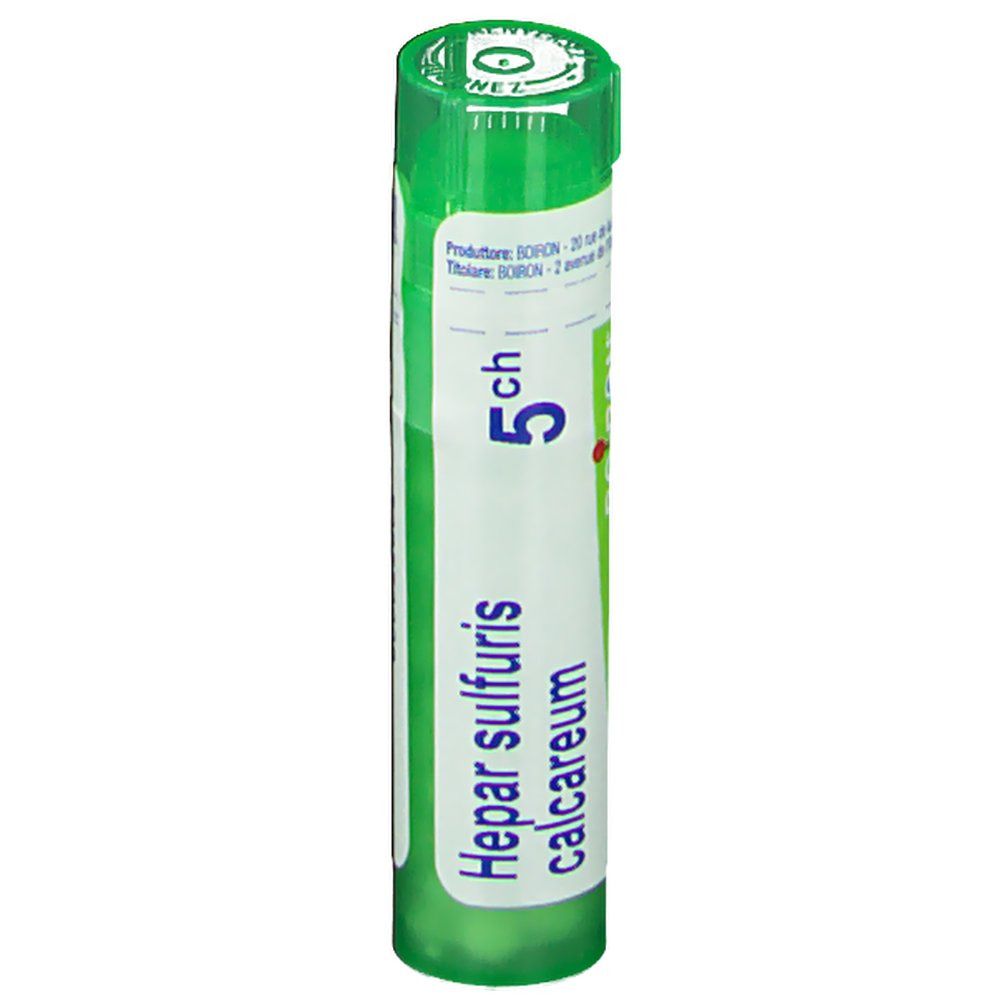 Confezione cilindrica verde. Con etichetta bianca e tappo verde. Scritta: Hepar sulfuris calcareum 5ch.