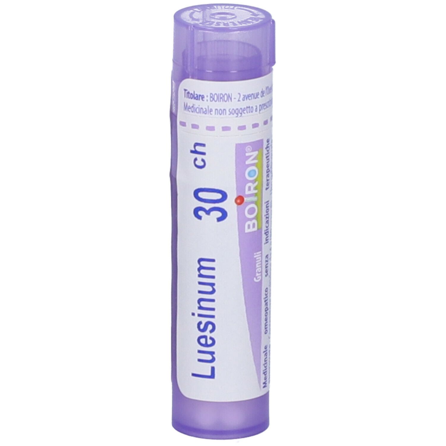 Luesinum 30 ch in un tubo viola. Scritta: Luesinum, 30 ch, Granuli, Boiron. Vista verticale.