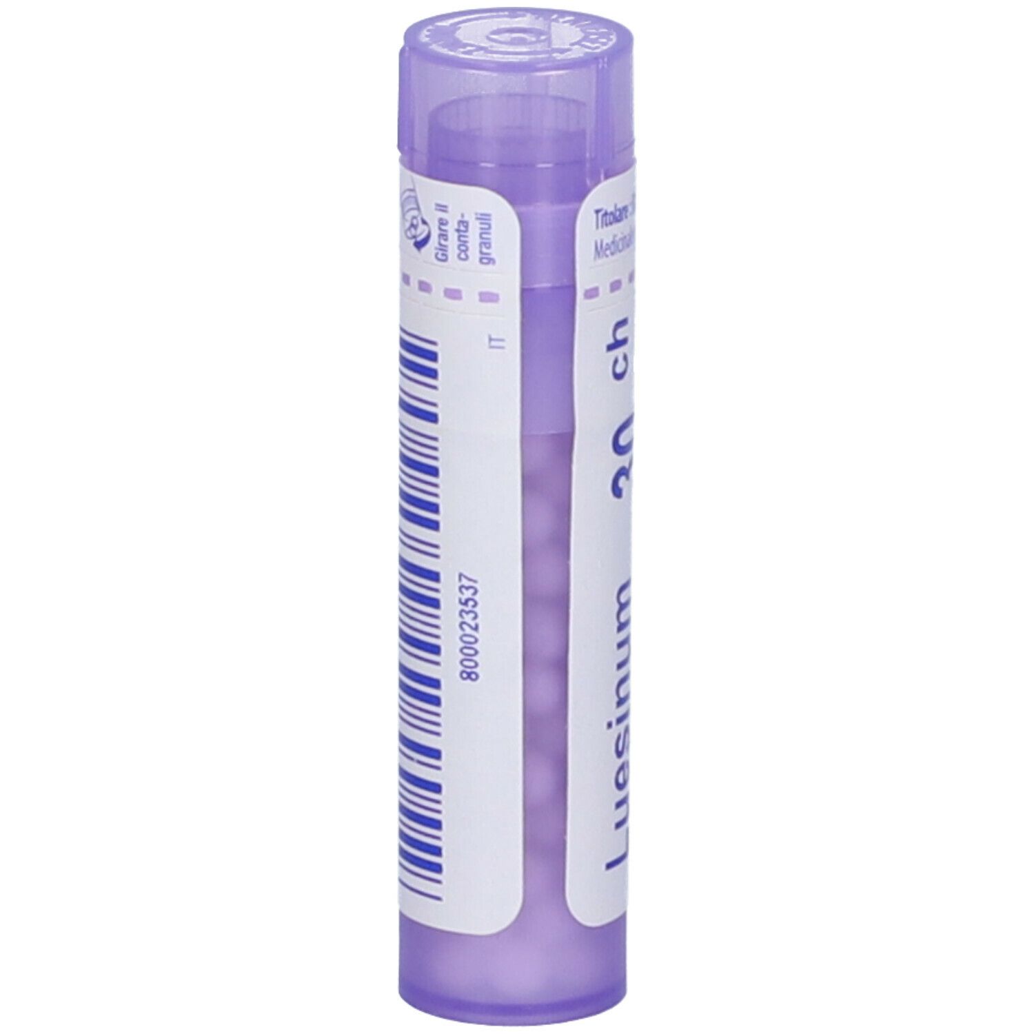 Luesinum 30 ch in un tubo viola. Scritta: Luesinum, 30 ch. Adesivo con codice a barre e IT.
