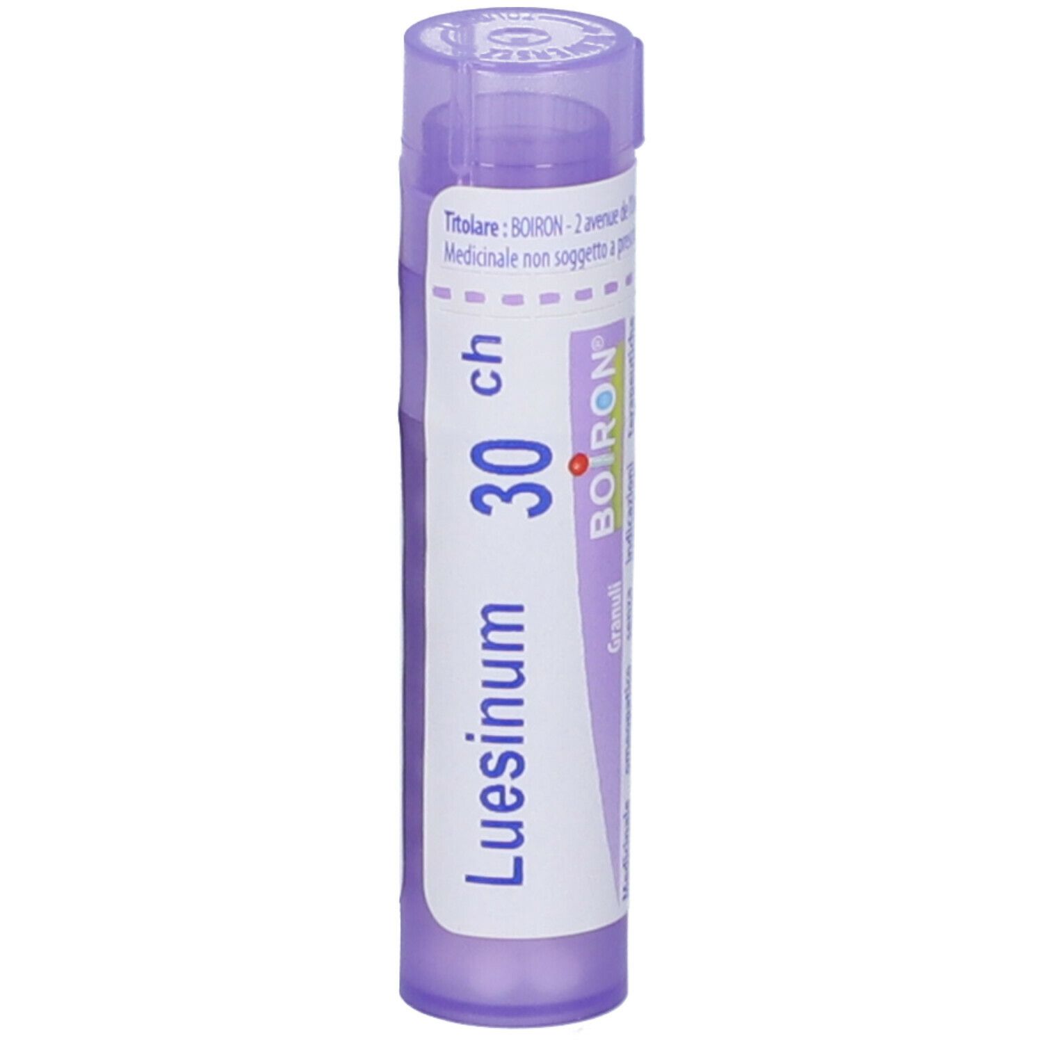 Luesinum 30 ch in un tubo viola. Scritta: Luesinum, 30 ch, Boiron. Vista verticale.