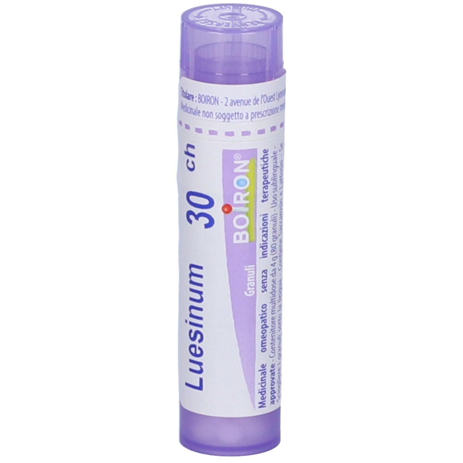 Luesinum 30 ch in un tubo viola. Scritta: Luesinum, 30 ch, Boiron, Granuli. Vista verticale.