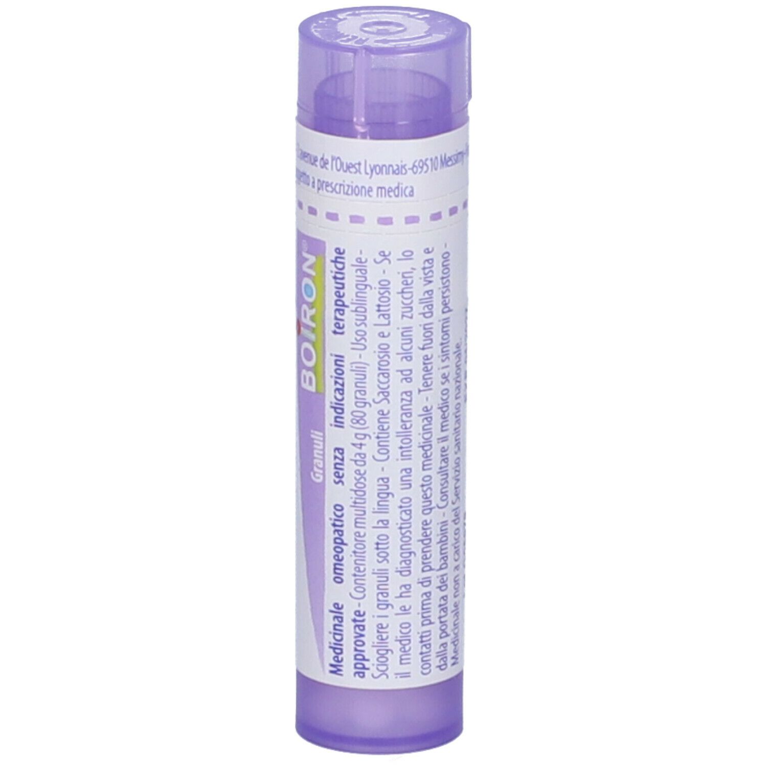 Luesinum 30 ch in un tubo viola. Scritta: Luesinum, 30 ch, Boiron, Granuli. Vista dettagliata.