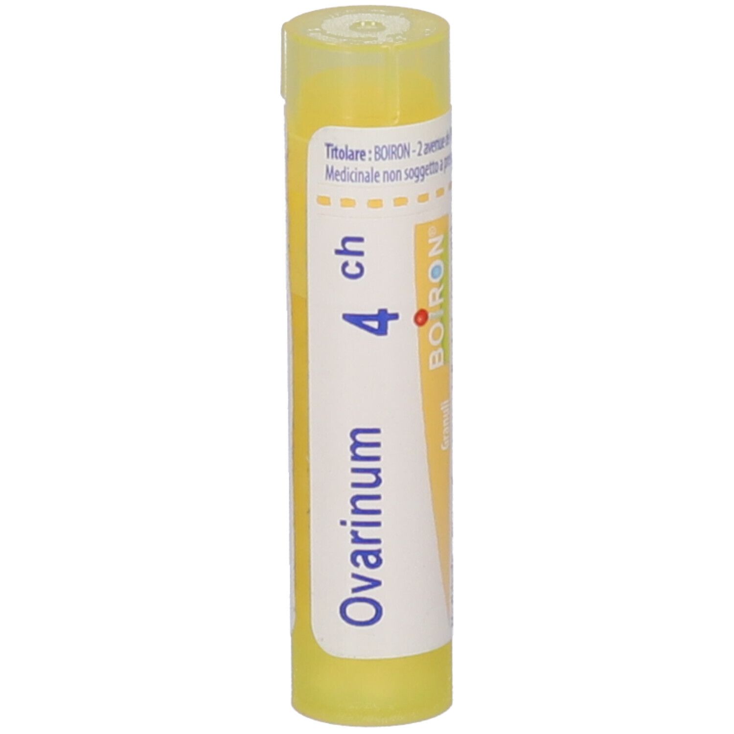Tubo giallo con etichetta bianca. Scritta: Ovarinum 4 ch, BOIRON. Nome del prodotto e dosaggio ben visibili.
