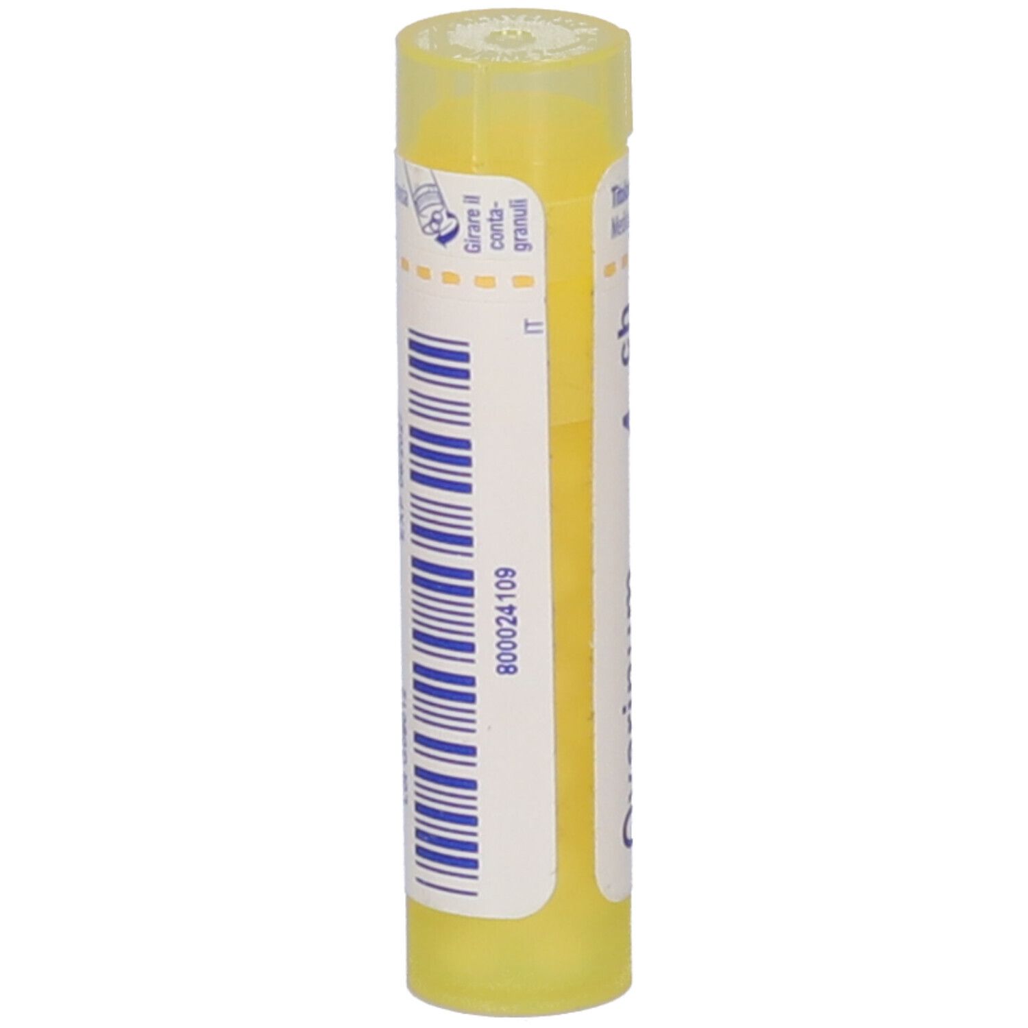 Tubo giallo con codice a barre ed etichetta bianca. Scritta: 800024109. Dettagli sull'etichetta leggibili.