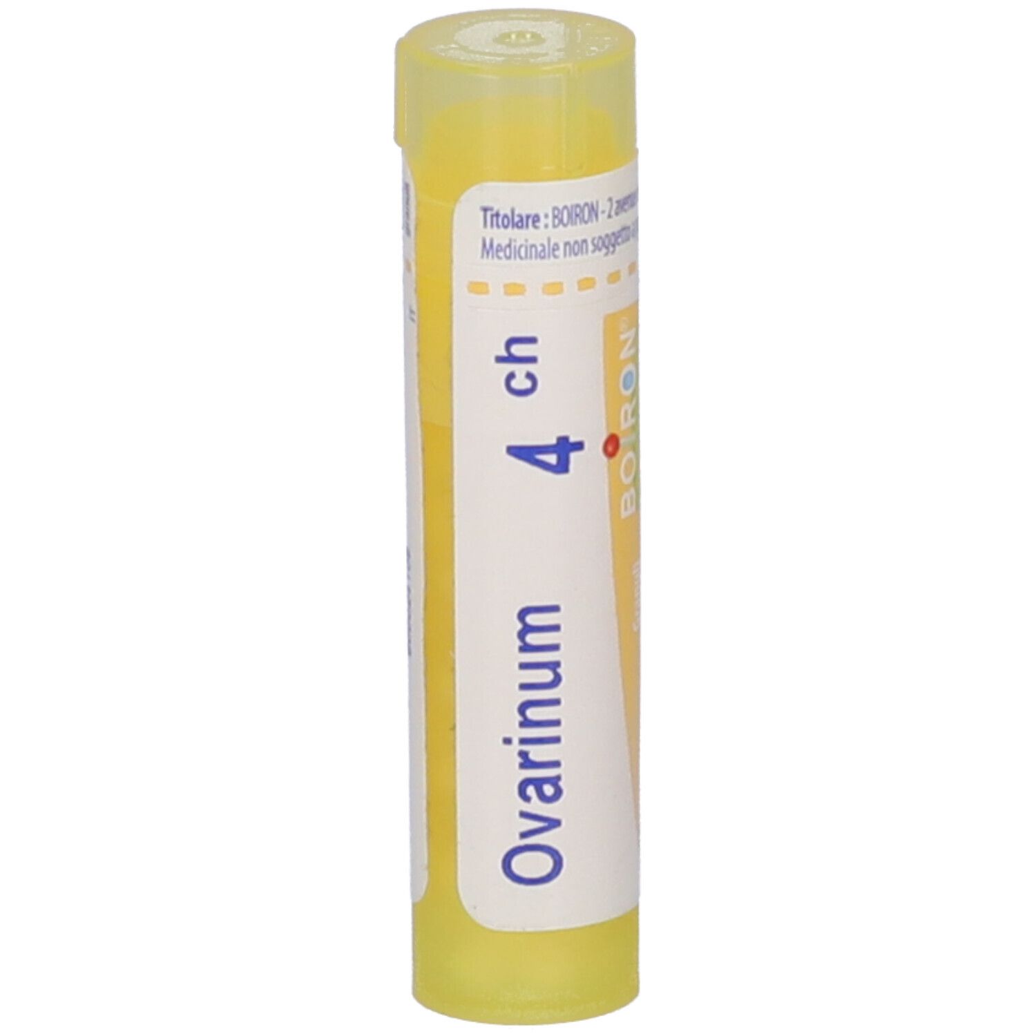 Tubo giallo con etichetta bianca. Scritta: Ovarinum 4 ch, BOIRON. Nome del prodotto e dosaggio ben visibili.