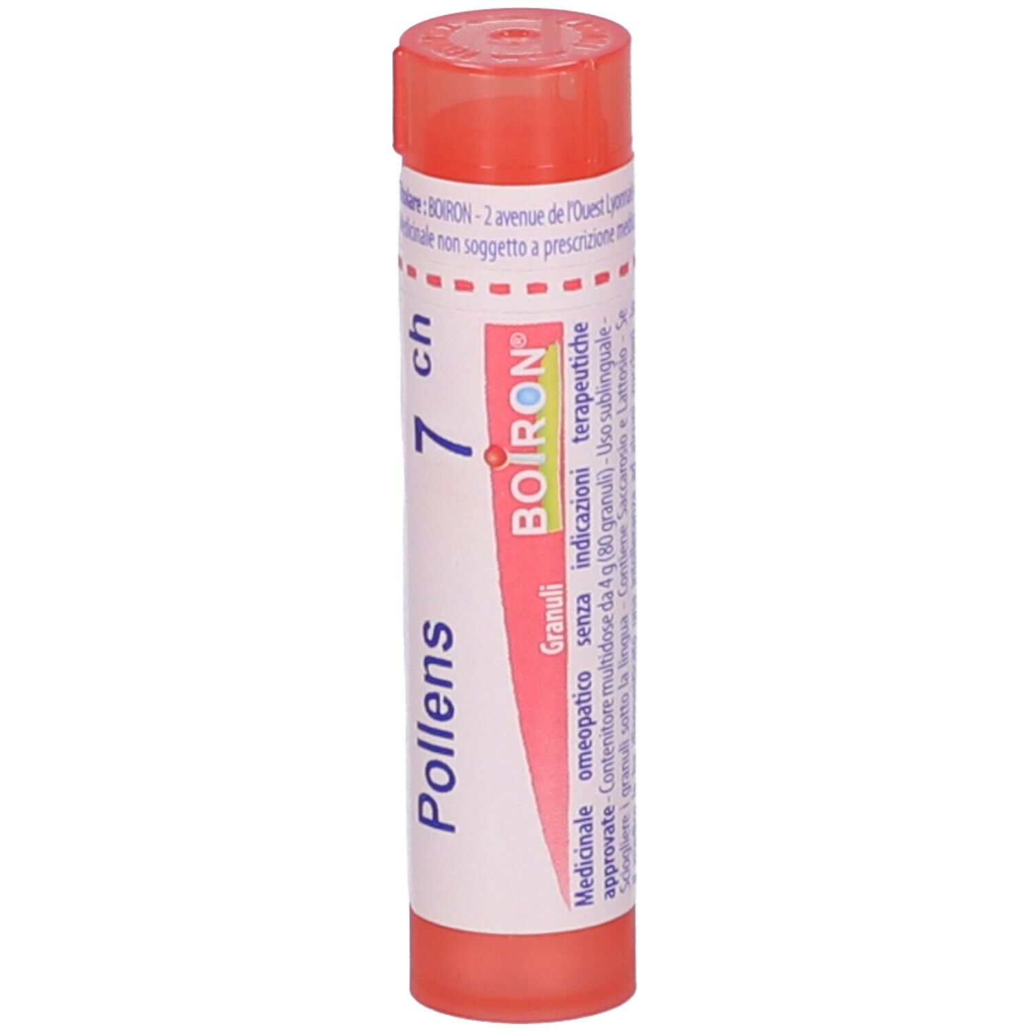 Confezione cilindrica arancione. Scritta: Pollens 7 ch, BOIRON, Granuli. Vista dettagliata.