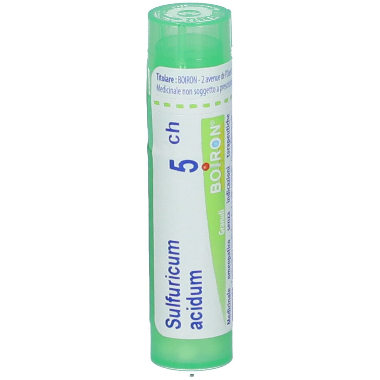 Tubo verde con scritta Sulfuricum acidum 5 ch, Boiron. Vista verticale.