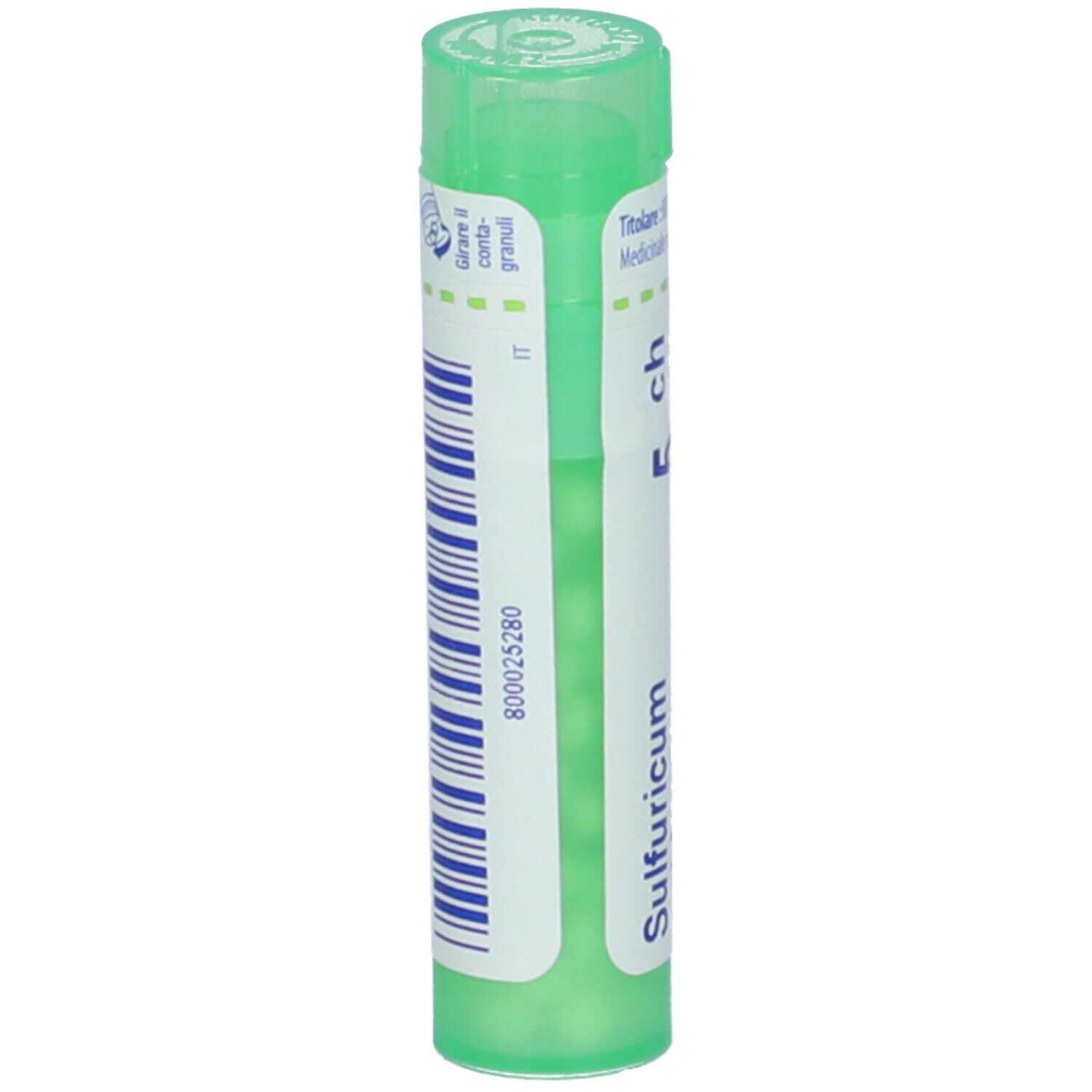 Tubo verde con scritta Sulfuricum acidum 5 ch, Boiron. Codice a barre e codice prodotto.
