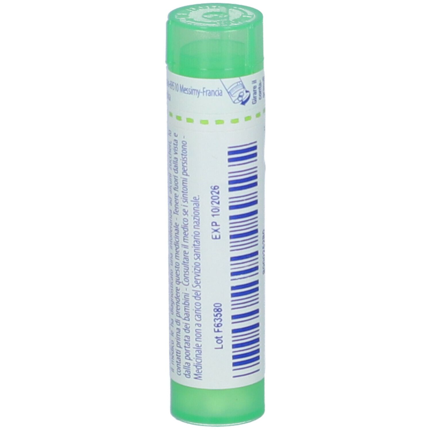 Tubo verde con scritta Sulfuricum acidum 5 ch, Boiron. Scadenza: 10/2026.