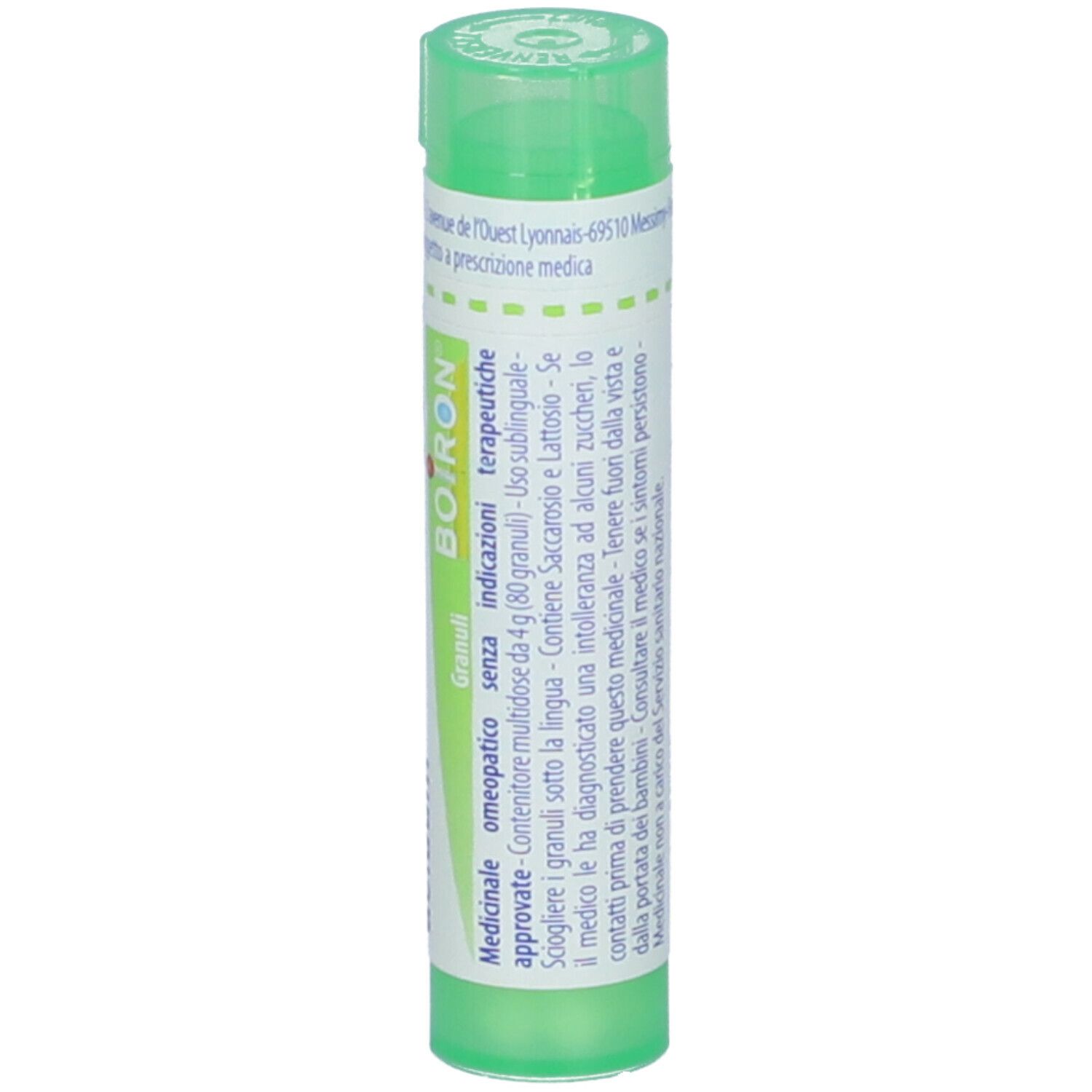 Tubo verde con scritta Sulfuricum acidum 5 ch, Boiron. Dettaglio degli ingredienti.