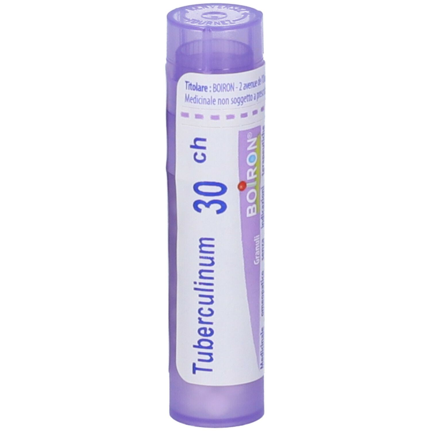 Tubo viola con etichetta bianca. Scritta: Tubercolinum 30 ch, BOIRON. Prodotto in posizione verticale.