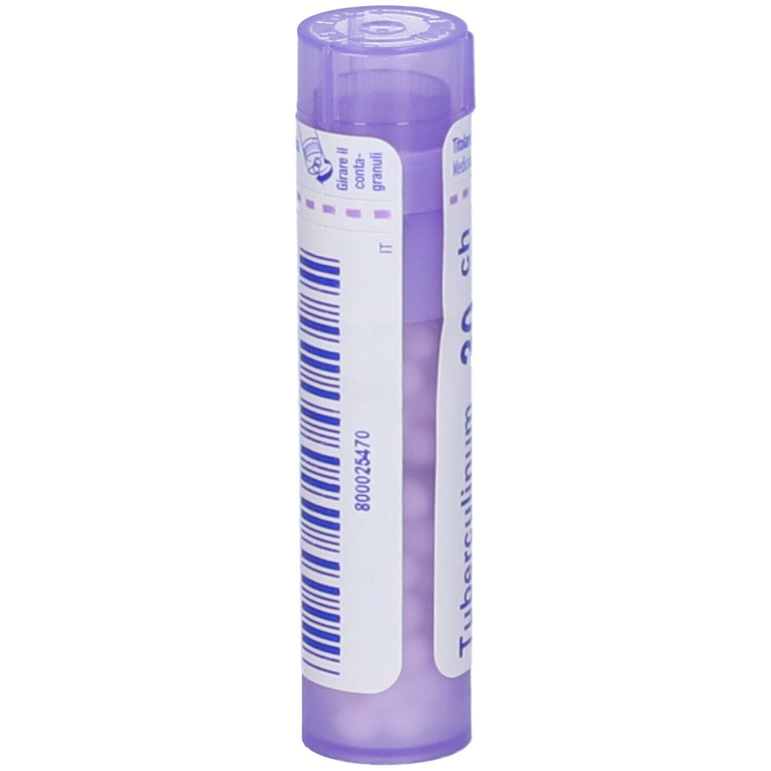 Tubo viola con etichetta bianca e codice a barre. Scritta: Tubercolinum 30 ch. Prodotto in posizione verticale.
