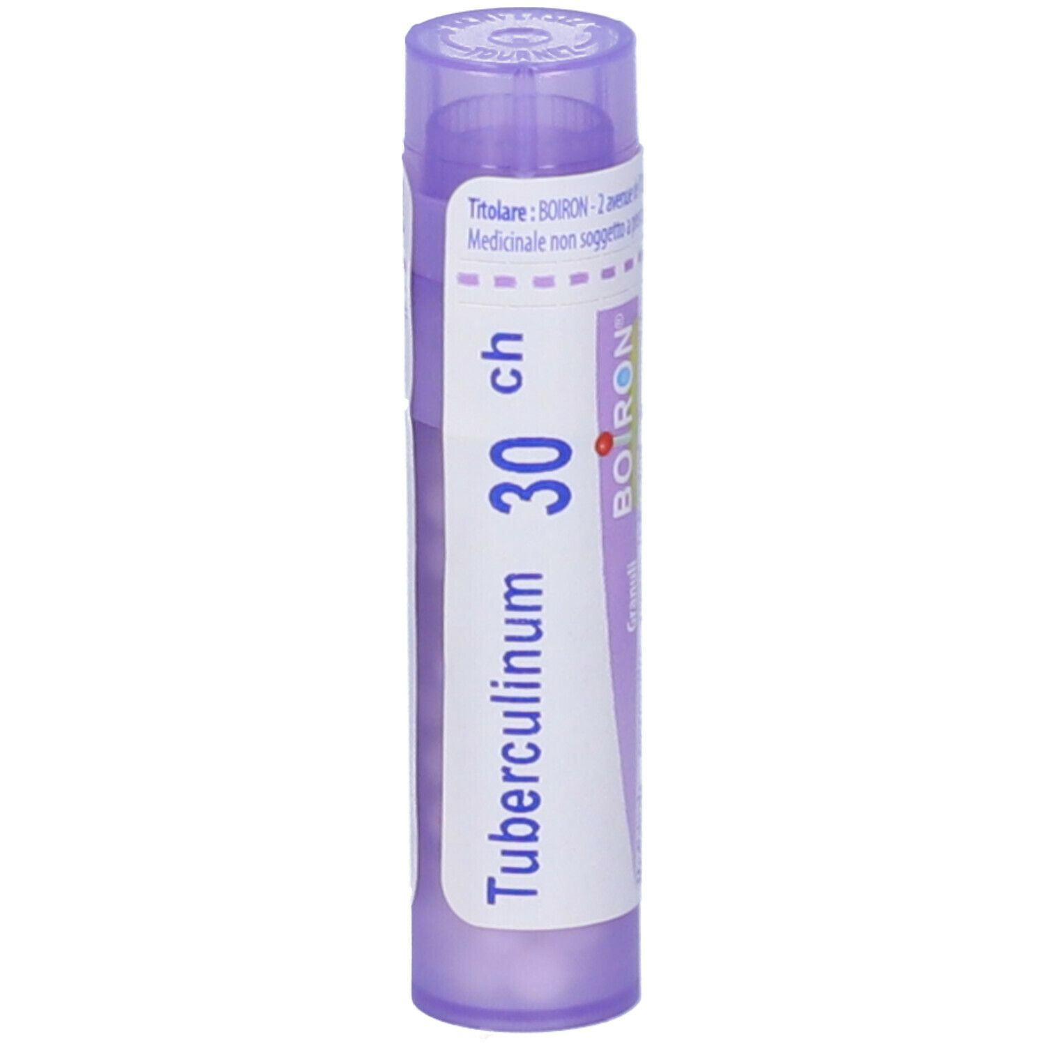 Tubo viola con etichetta bianca. Scritta: Tubercolinum 30 ch, BOIRON. Prodotto in posizione verticale.
