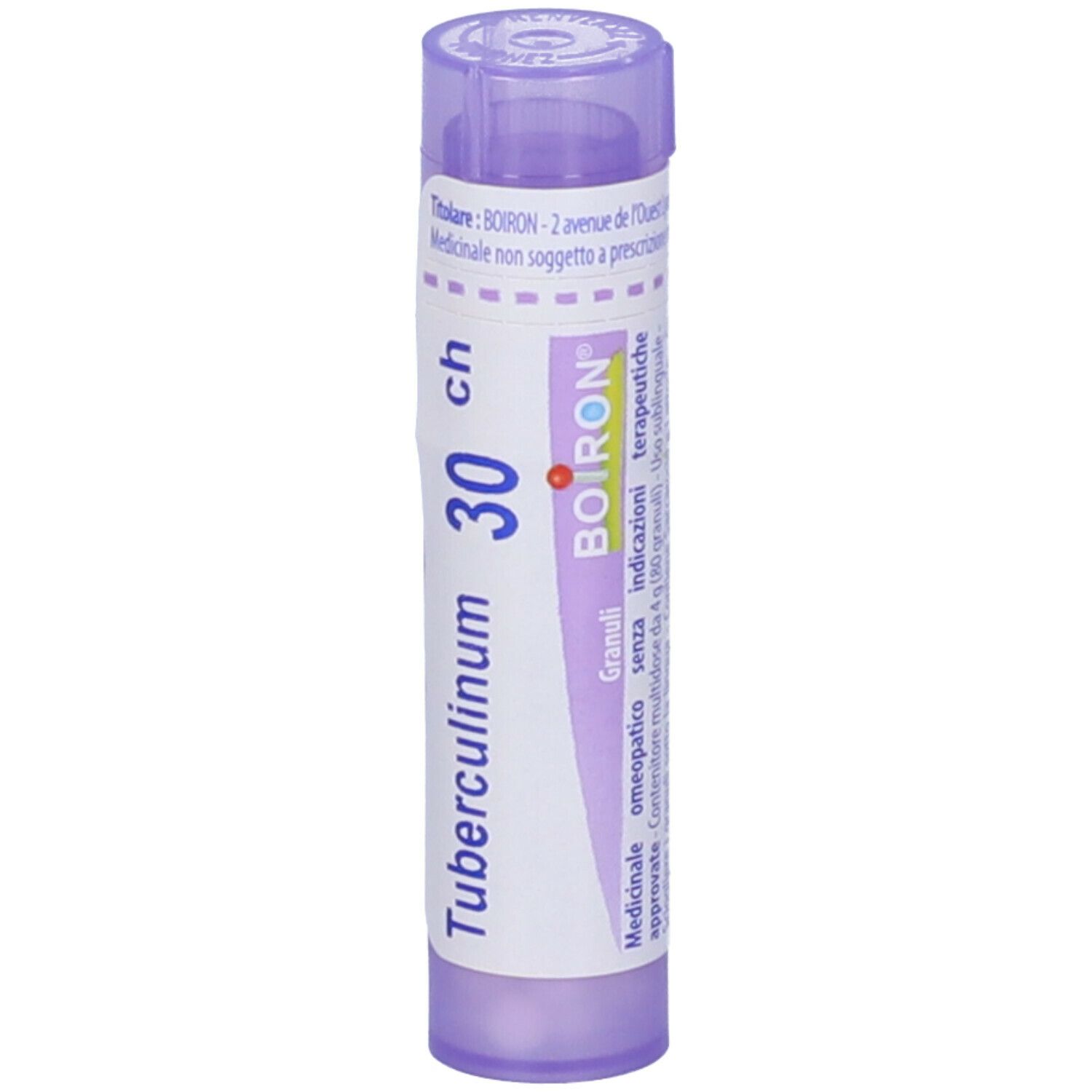Tubo viola con etichetta bianca. Scritta: Tubercolinum 30 ch, BOIRON. Prodotto in posizione verticale.