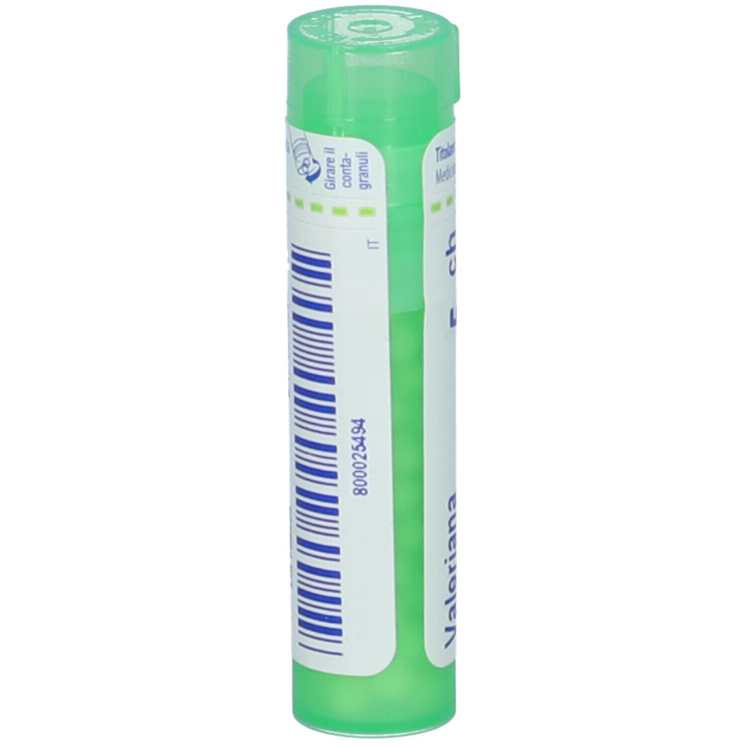Contenitore cilindrico verde. Scritta: Valeriana, codice a barre e altre informazioni. Con coperchio verde.