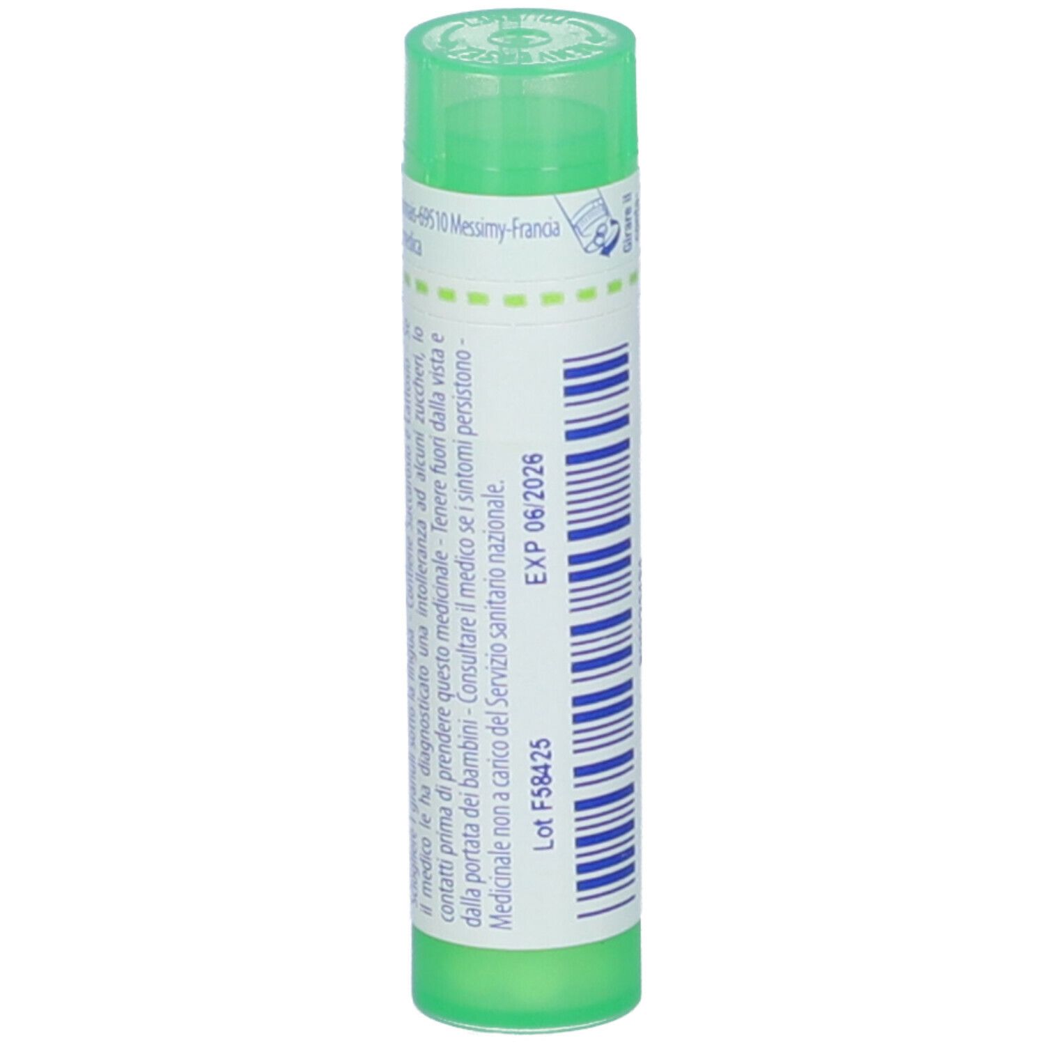 Contenitore cilindrico verde. Scritta: informazioni, EXP 06/2026. Con coperchio verde.